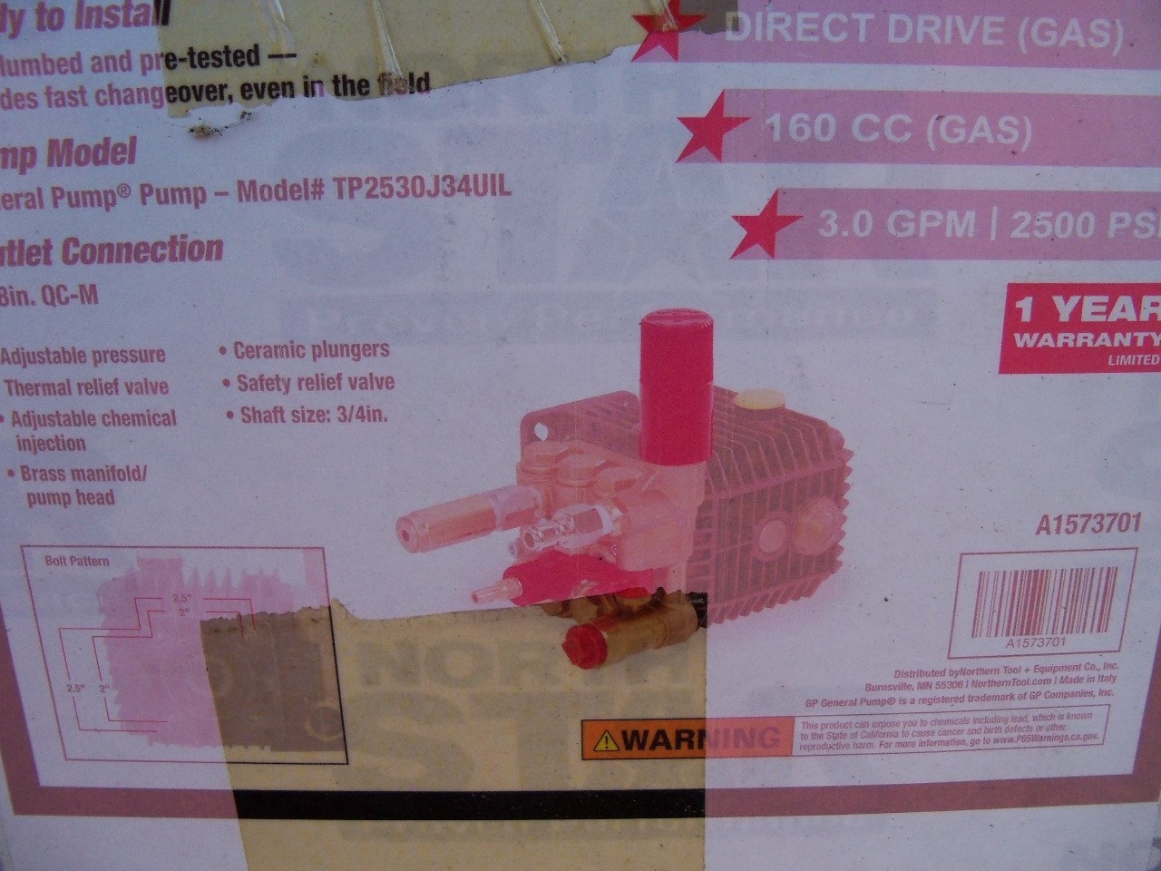 PRESSURE WASHER PUMP – Plumbed – GP TP2530J34 – 3 GPM – 2500 PSI