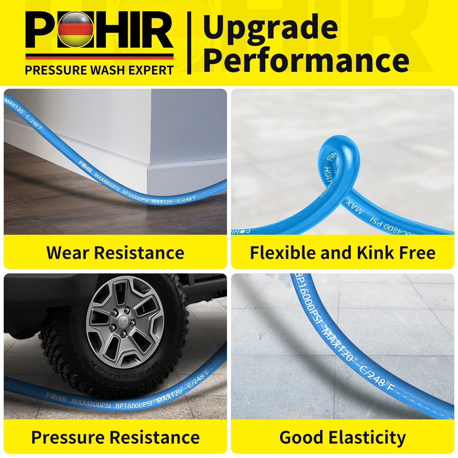 POHIR 25ft Pressure Washer Hose 3/8″ 4800 PSI, No Marking Kink Free Hose with…