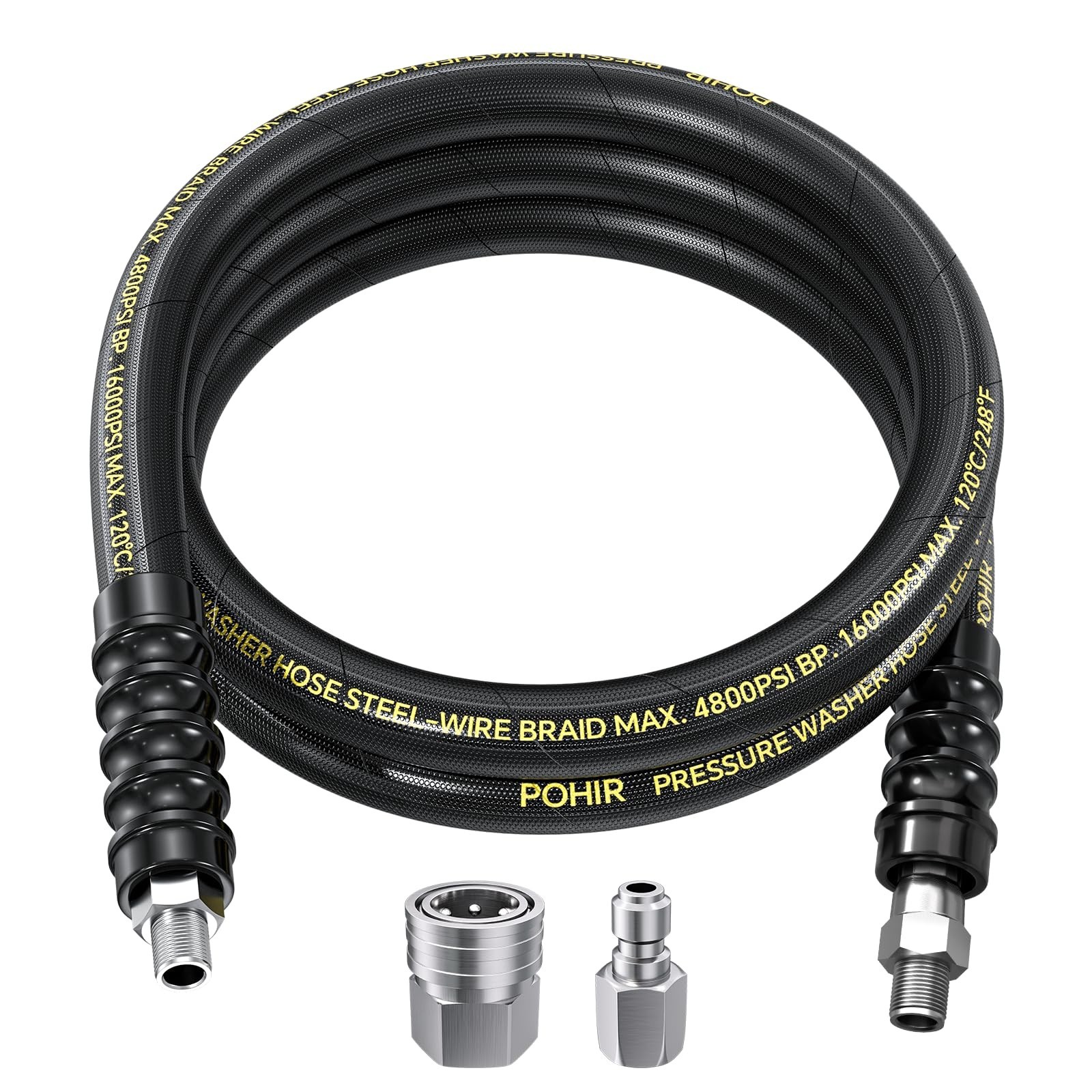 POHIR 8FT Pressure Washer Whip Hose 4800psi 3/8” Steel Wire Braided with 3/8…