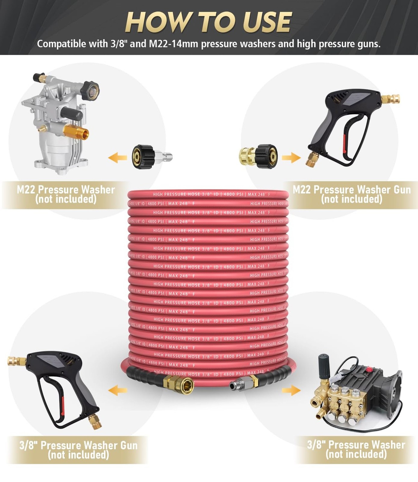 3/8″ 4800PSI Pressure Washer Hose 50FT with 360° Swivel Quick Connect, Flex