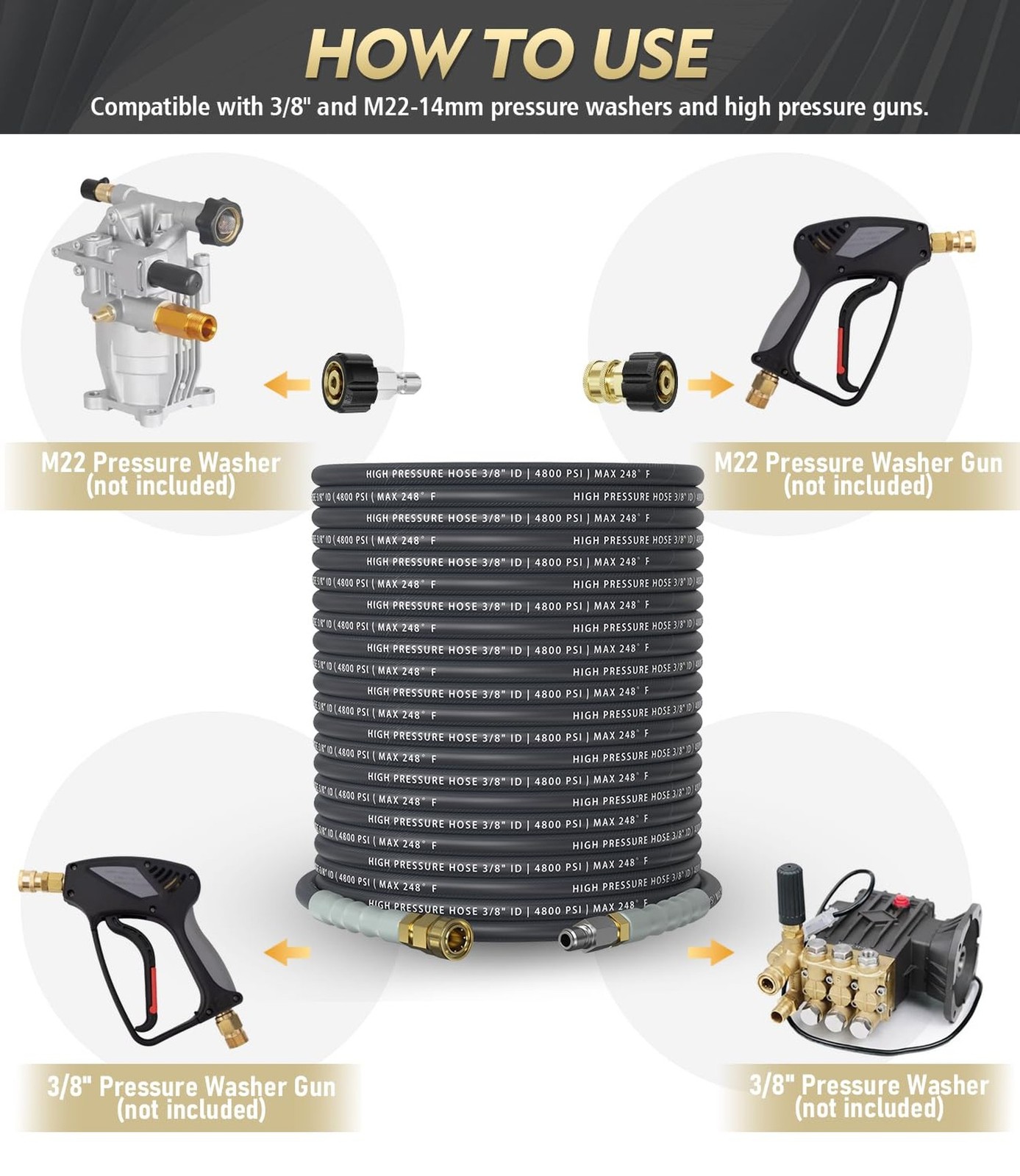 3/8″ 4800PSI Pressure Washer Hose 50FT with 360° Swivel Quick Connect, Flex