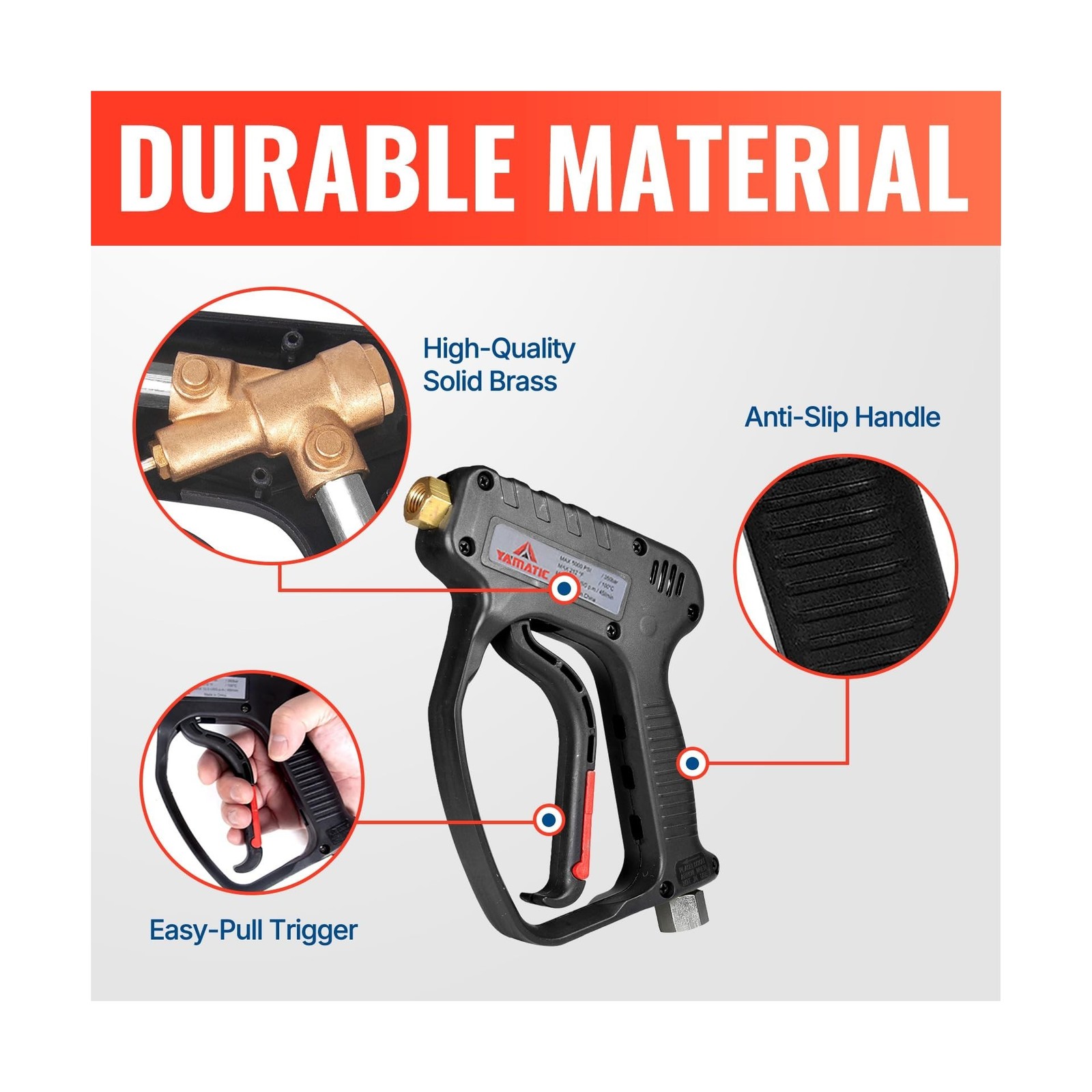 YAMATIC Pressure Washer Short Gun 5000 PSI – Stainless Steel 3/8″ Swivel Plug…