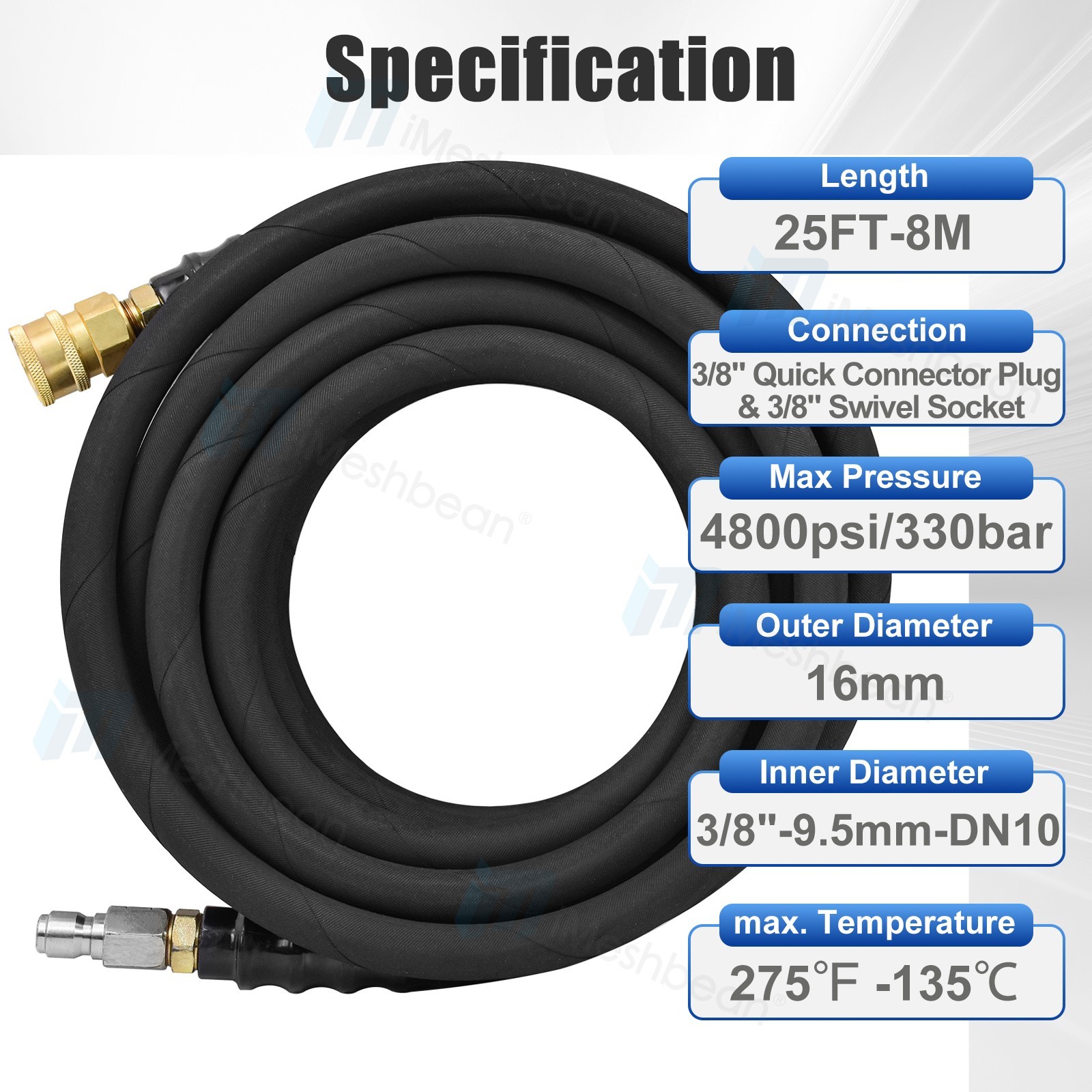Pressure Washer Parts Hose – 4000 PSI 25 FT Wire Braid – Gray Non-Marking