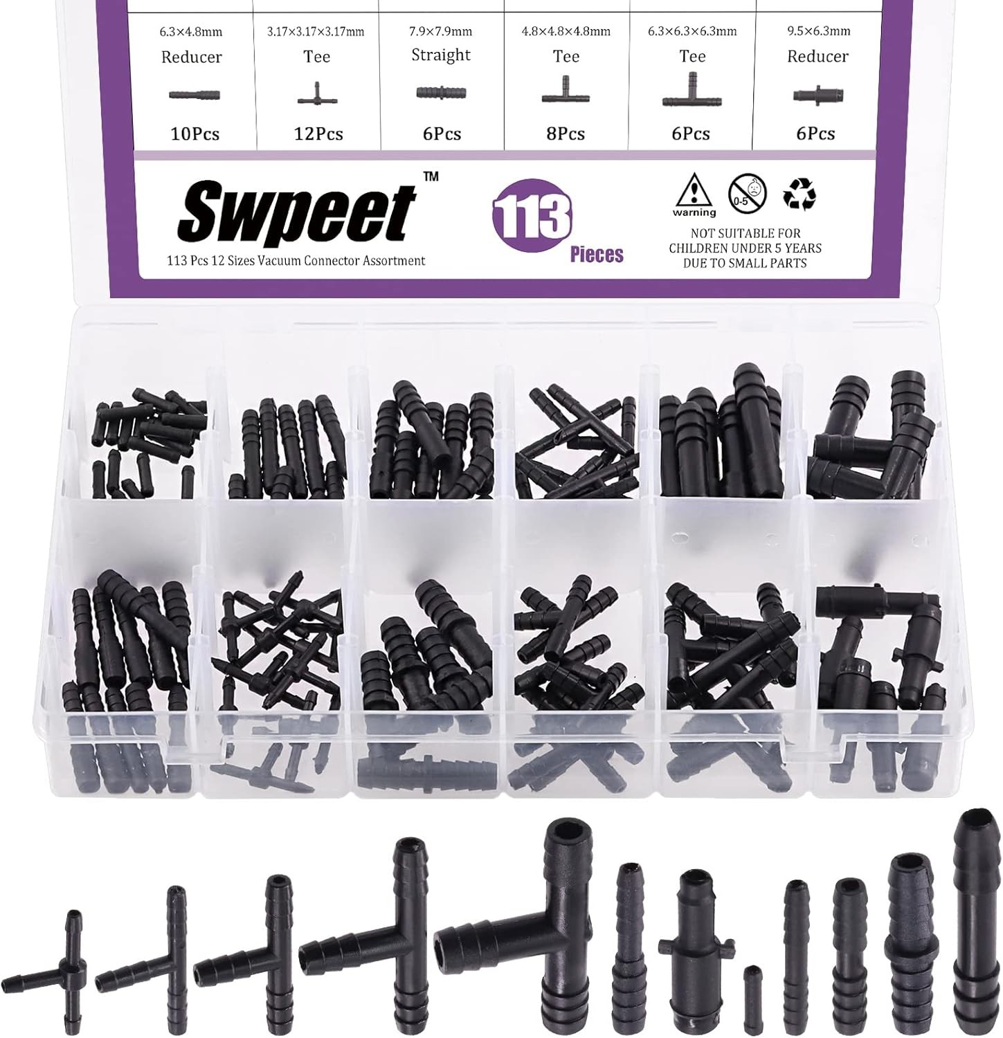 Swpeet 113Pcs Barbed Vacuum Connector Kit, Including Tee, Reducer, and Black