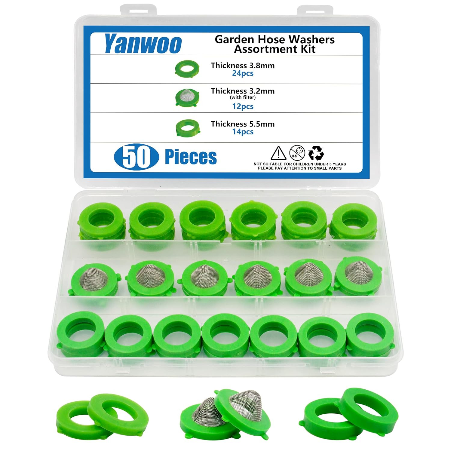 50Pcs Green Silicone & Rubber Washer Gasket Assortment Kit, Thickness 3.2Mm 3.8M