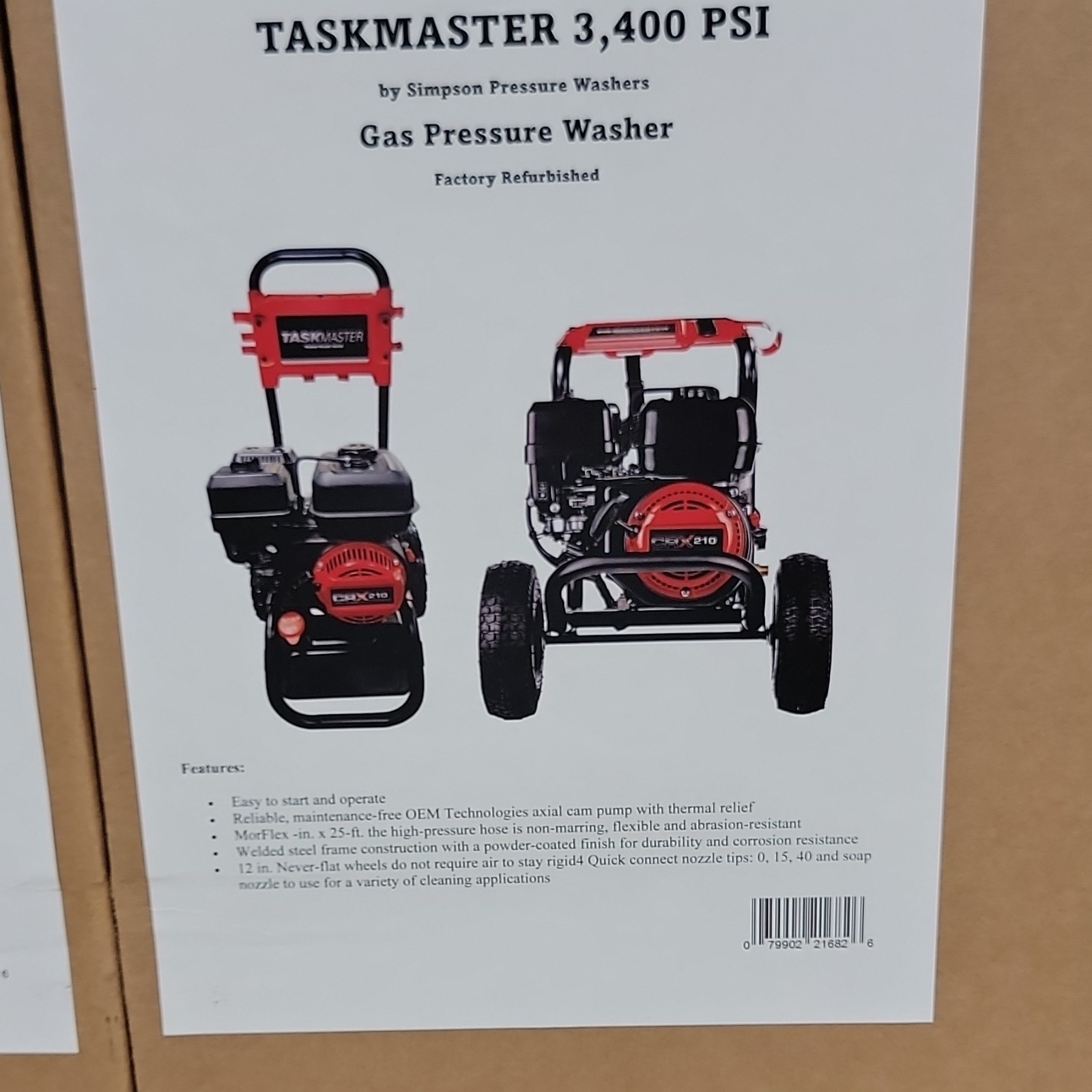 Taskmaster DX210 3400 PSI Gas Pressure Washer, Wheel-Mounted, 1-25 ft Hose