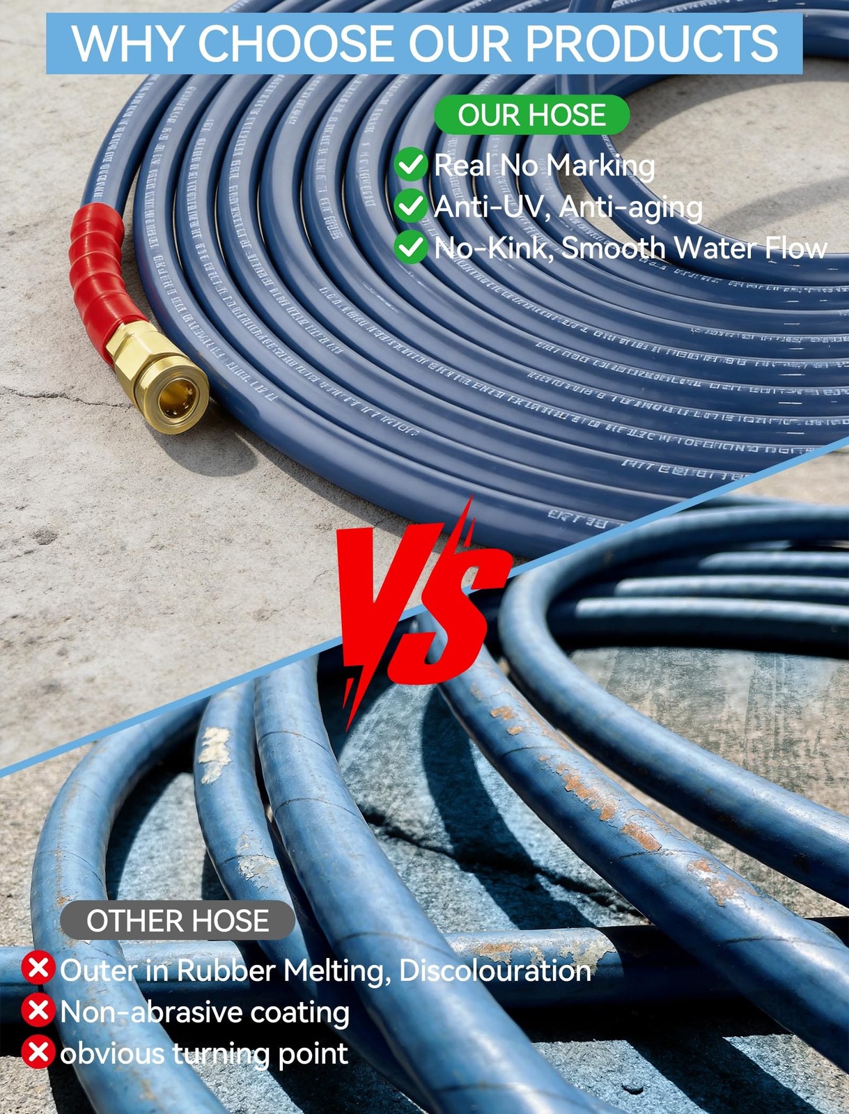 3/8” Pressure Washer Hose Non Marking 4800PSI, 25FT Upgraded 4-Layer Structu…