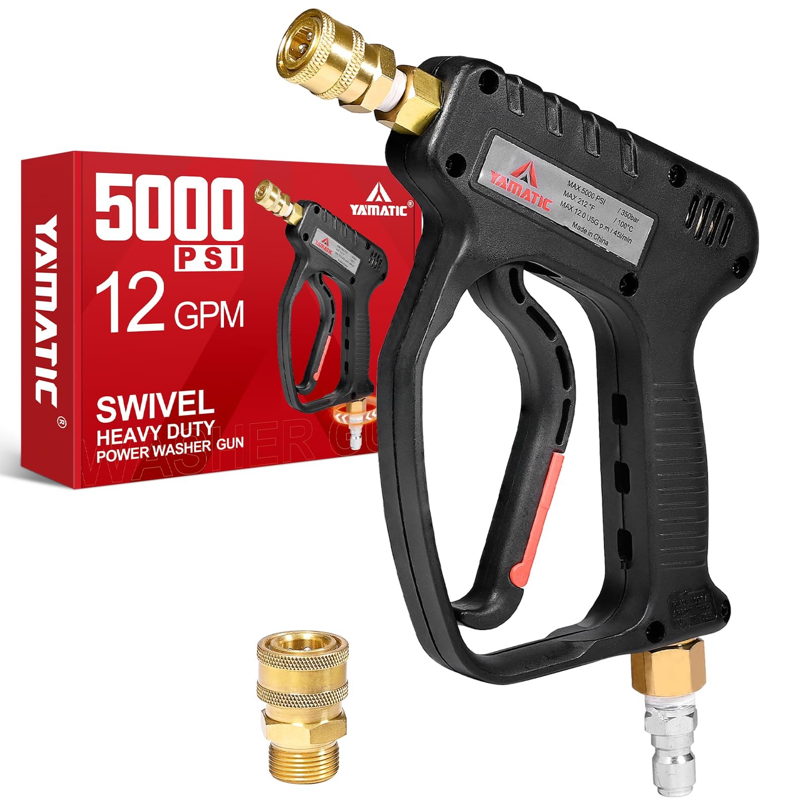 YAMATIC Short Pressure Washer Gun with Swivel, 5000 PSI handle, Black