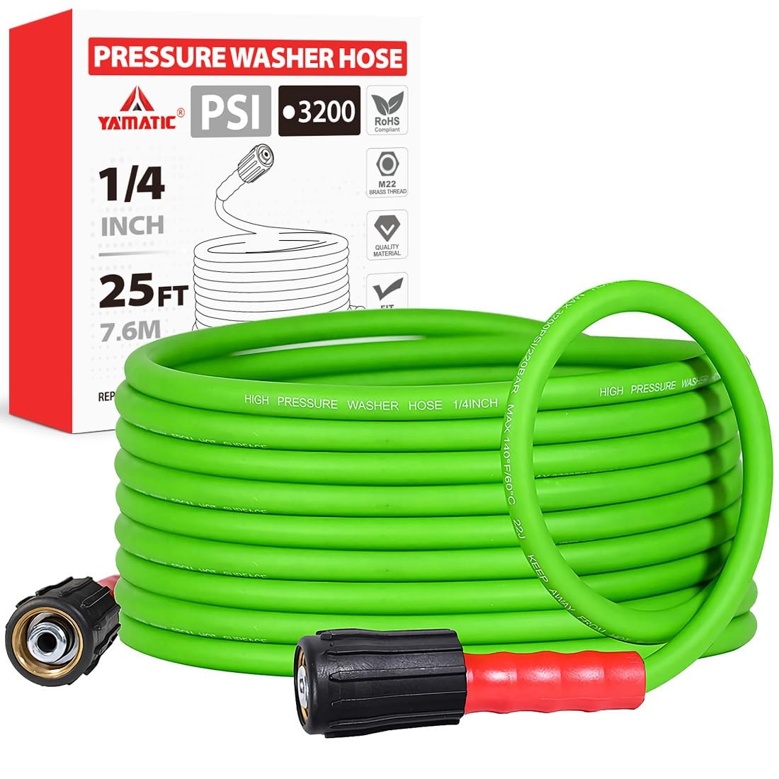 YAMATIC Flexible Pressure Washer Hose 25 FT 1/4″, 3200 PSI 25FT, Green