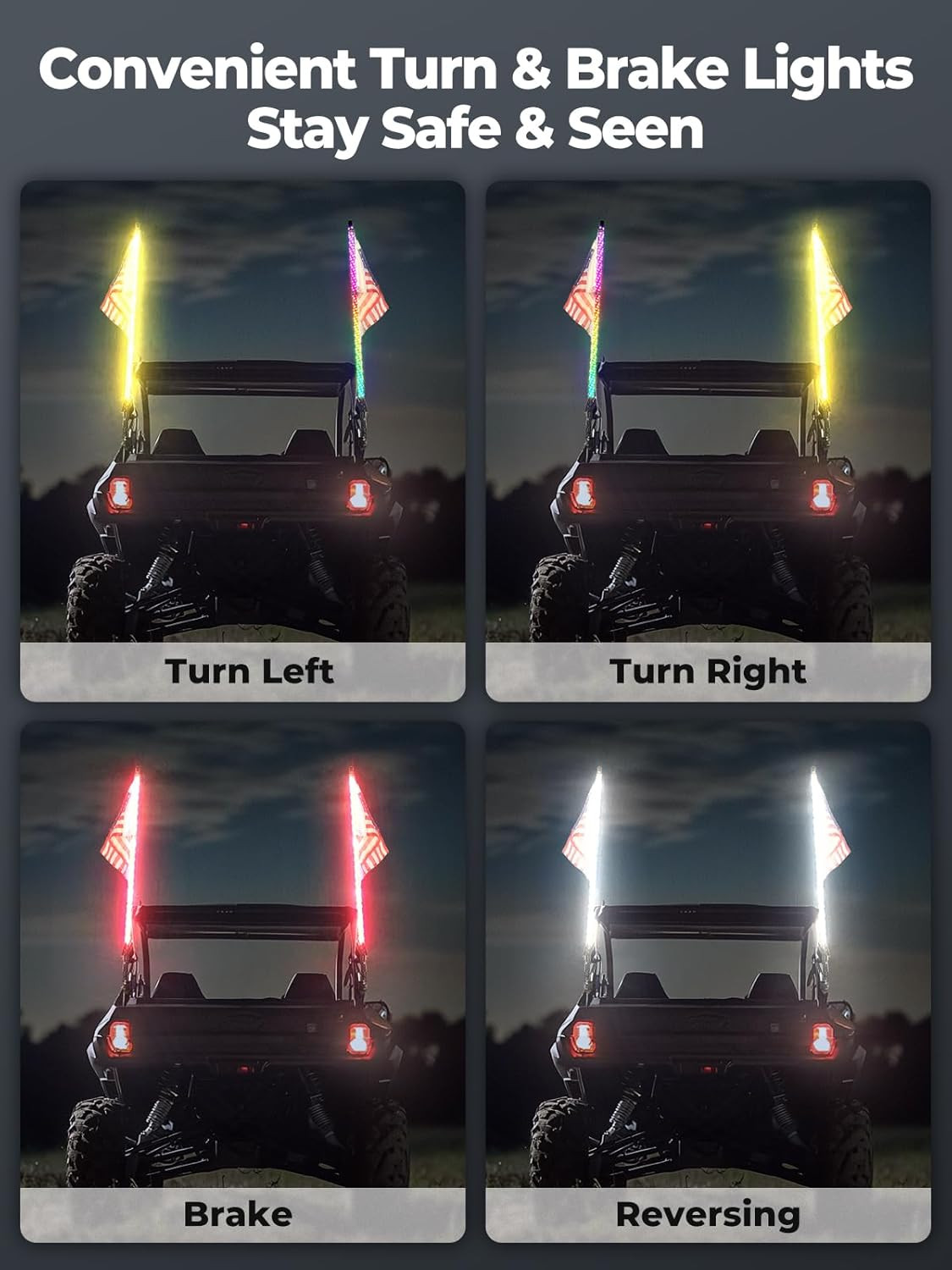 2Pc 3Ft Bluetooth Whip Lights for Side by Side, Turning Signal Function Compatib