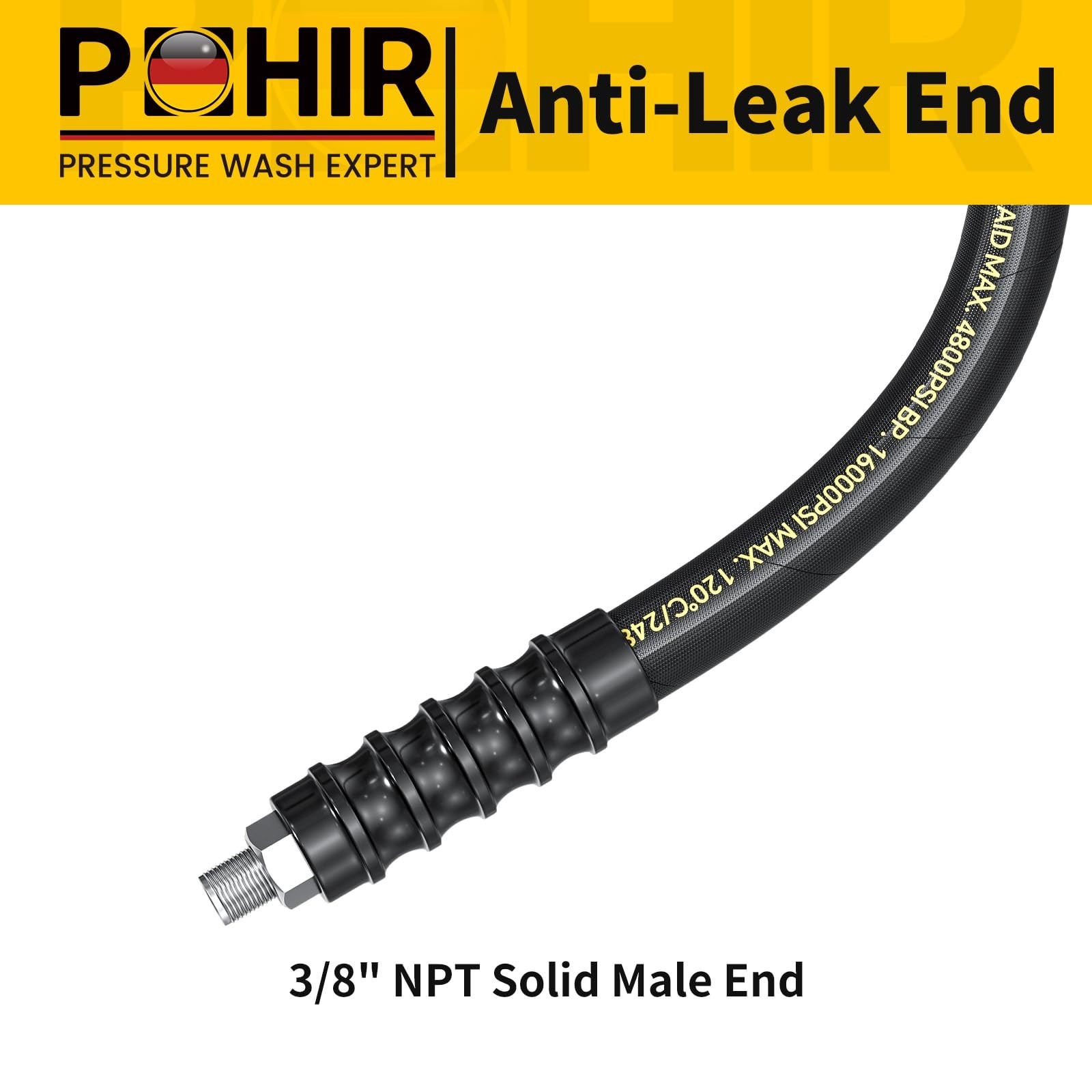 POHIR 8FT Pressure Washer Whip Hose 4800psi 3/8” Steel Wire Braided with 3/8…