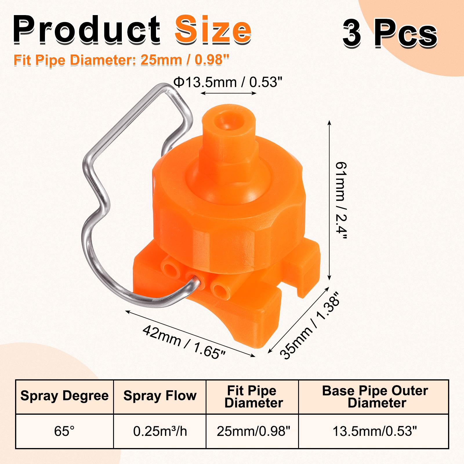 3Pcs 65 Degree Spray Nozzle with Pipe Clip 25mm/1″, 0.25m³/h