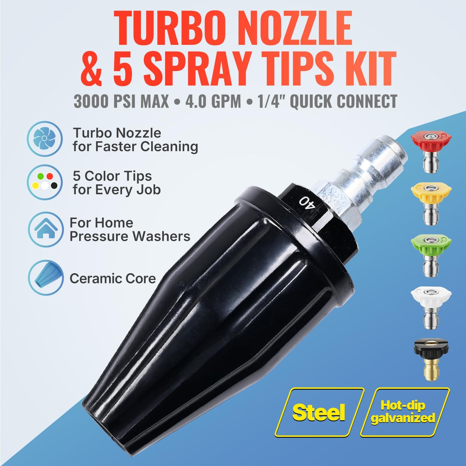 YAMATIC Pressure Washer Turbo Nozzle, 360° Rotating, 3000PSI, Black,