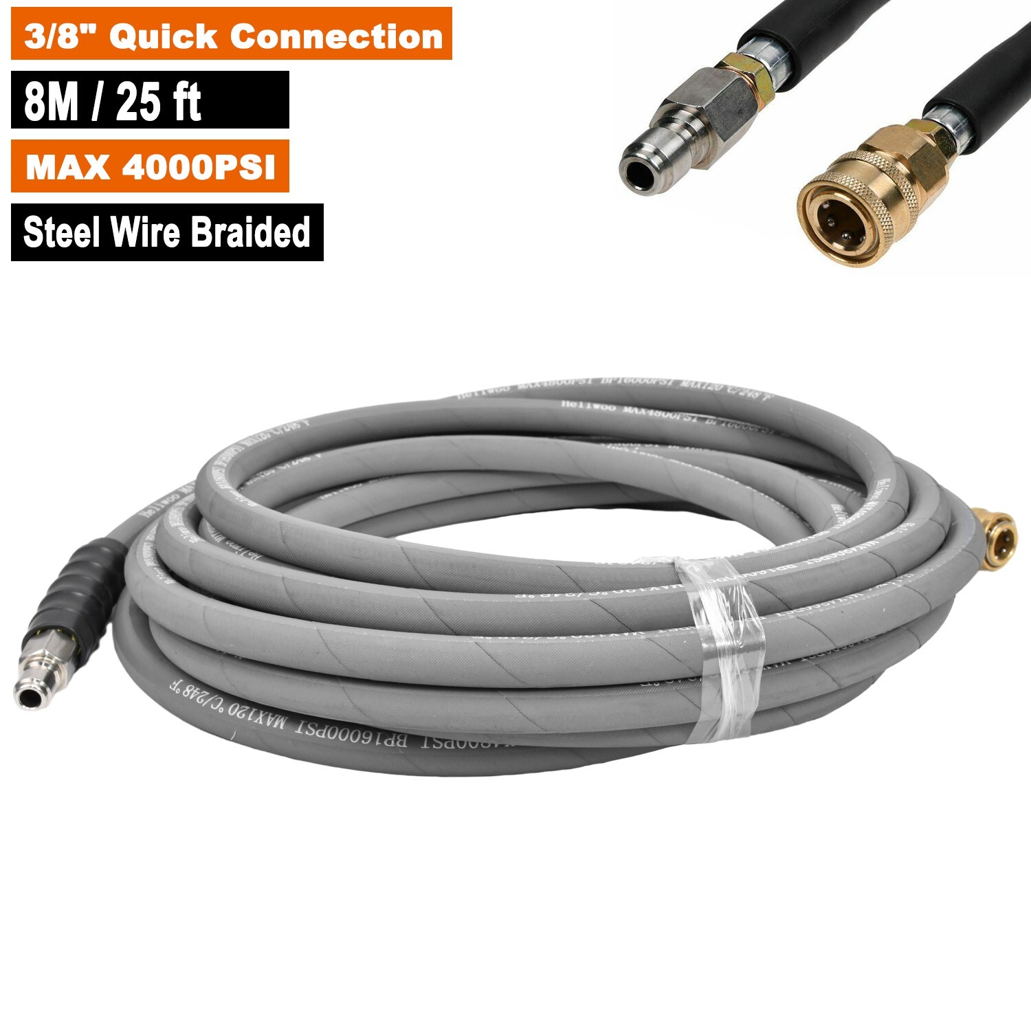Pressure Washer Parts Hose – 4000 PSI 25 FT Wire Braid – Gray Non-Marking