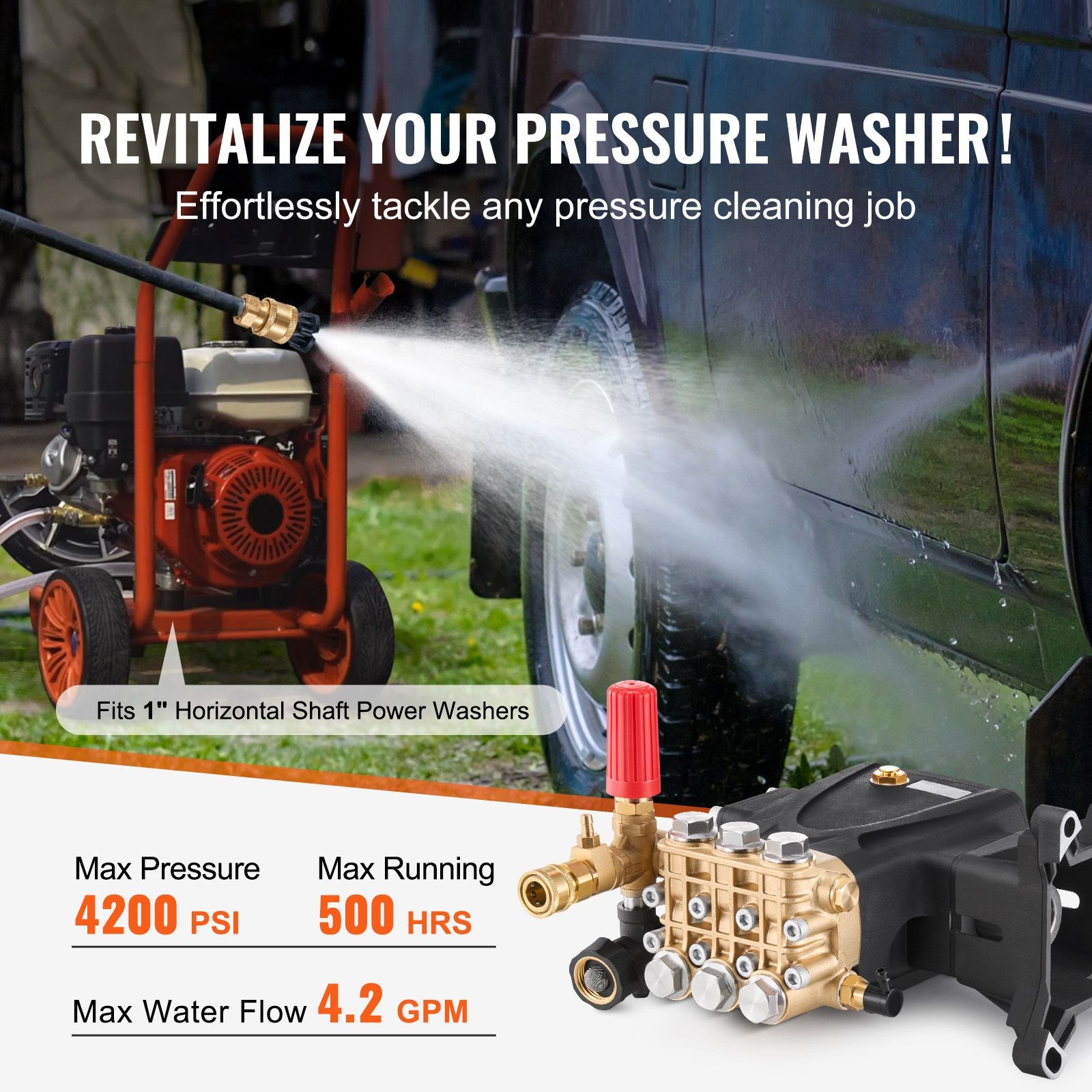 Pressure Washer Pump, 1″ Shaft Horizontal Triplex Plunger, 4200 PSI, 4.2GPM