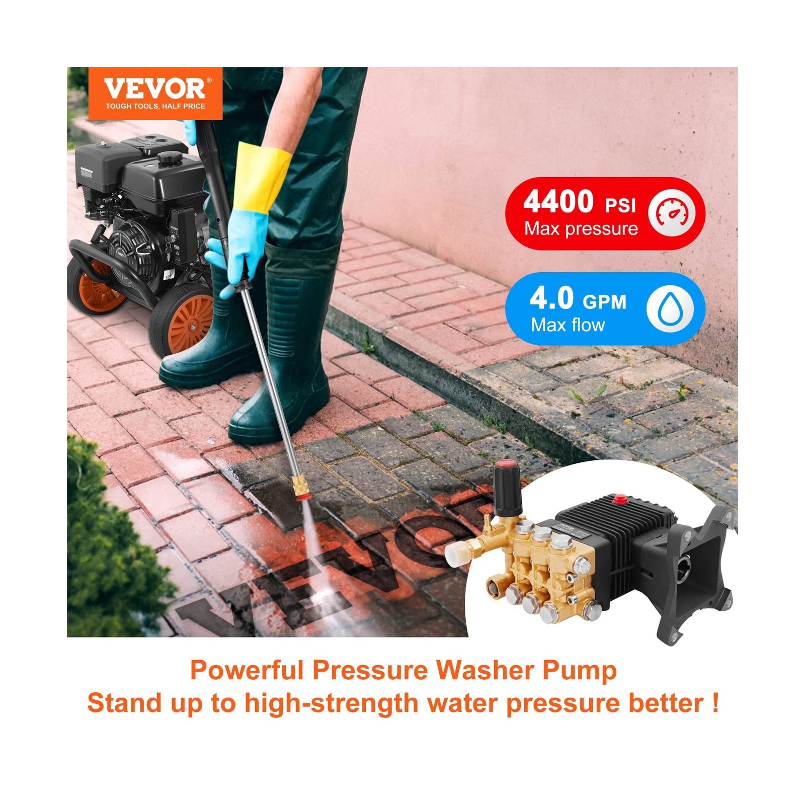 VEVOR Pressure Washer Pump, 4400 PSI, 4.0 GPM, 1″ Shaft Horizontal Triplex Pl…