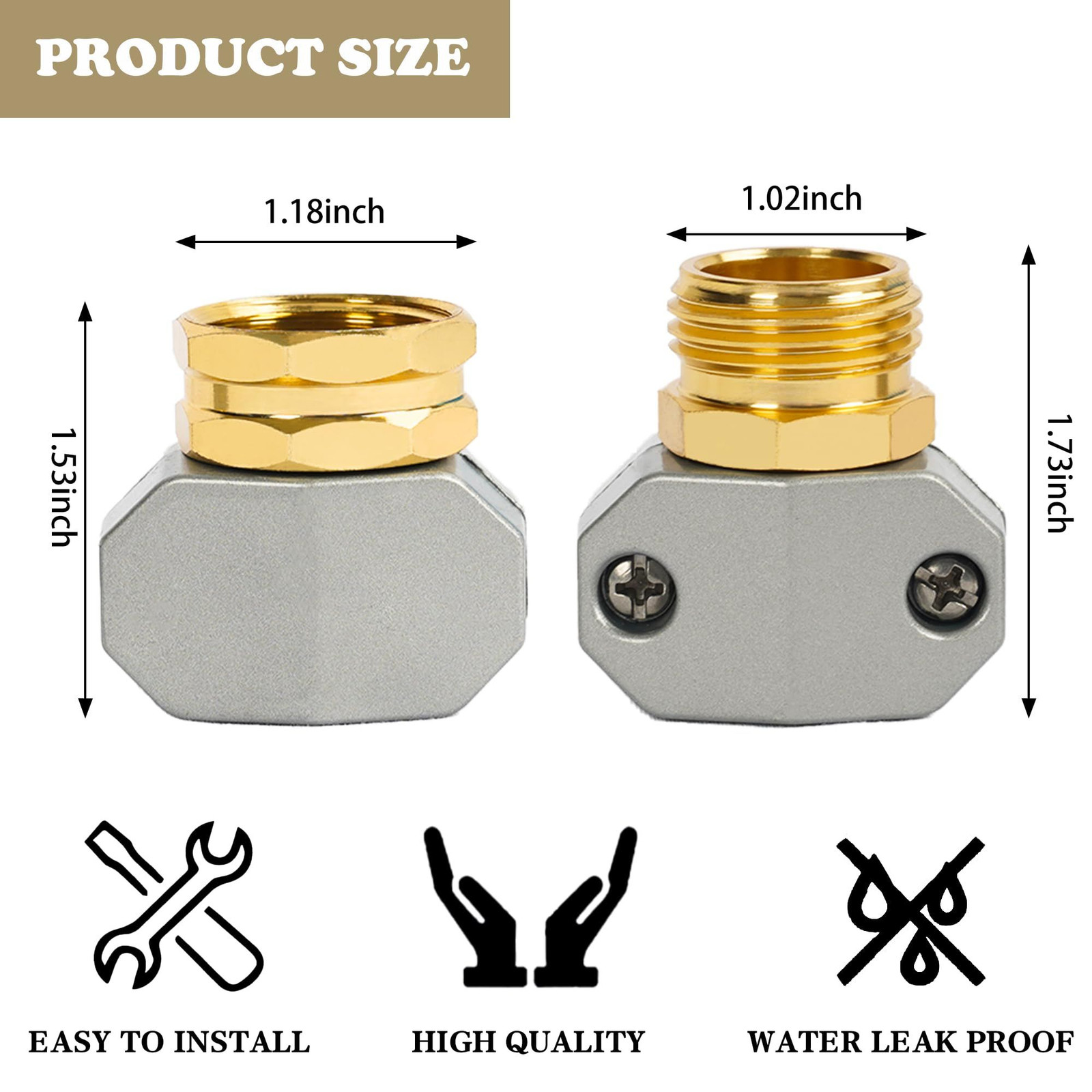 Hourleey Garden Hose Repair Kit – Aluminum Alloy End 1 Set, Silver, Gold