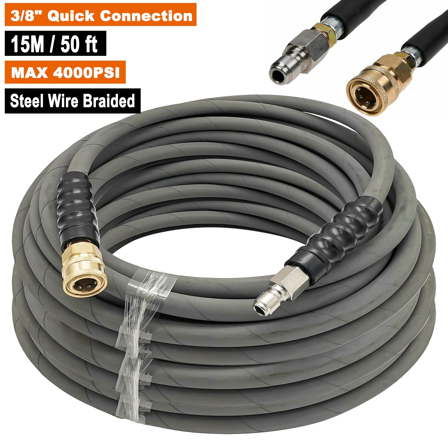 50ft Pressure Washer Hose 4000PSI Non-Marking 3/8″ Couplers Hot&Cold Water 275F