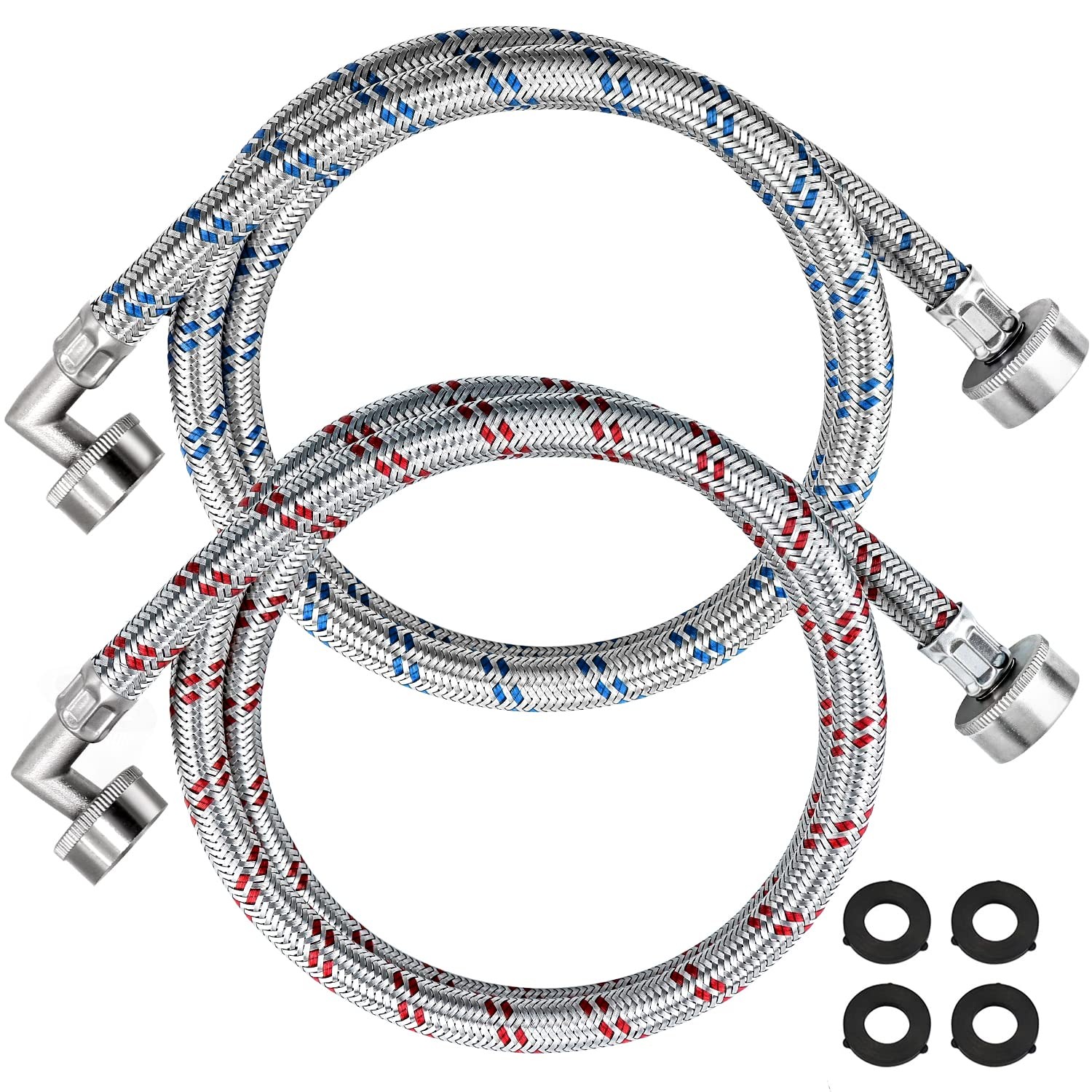 【𝟮𝟬𝟮𝟲 𝗨𝗽𝗴𝗿𝗮𝗱𝗲𝗱】Washer Stainless Steel Hoses 4 FT, blue and red