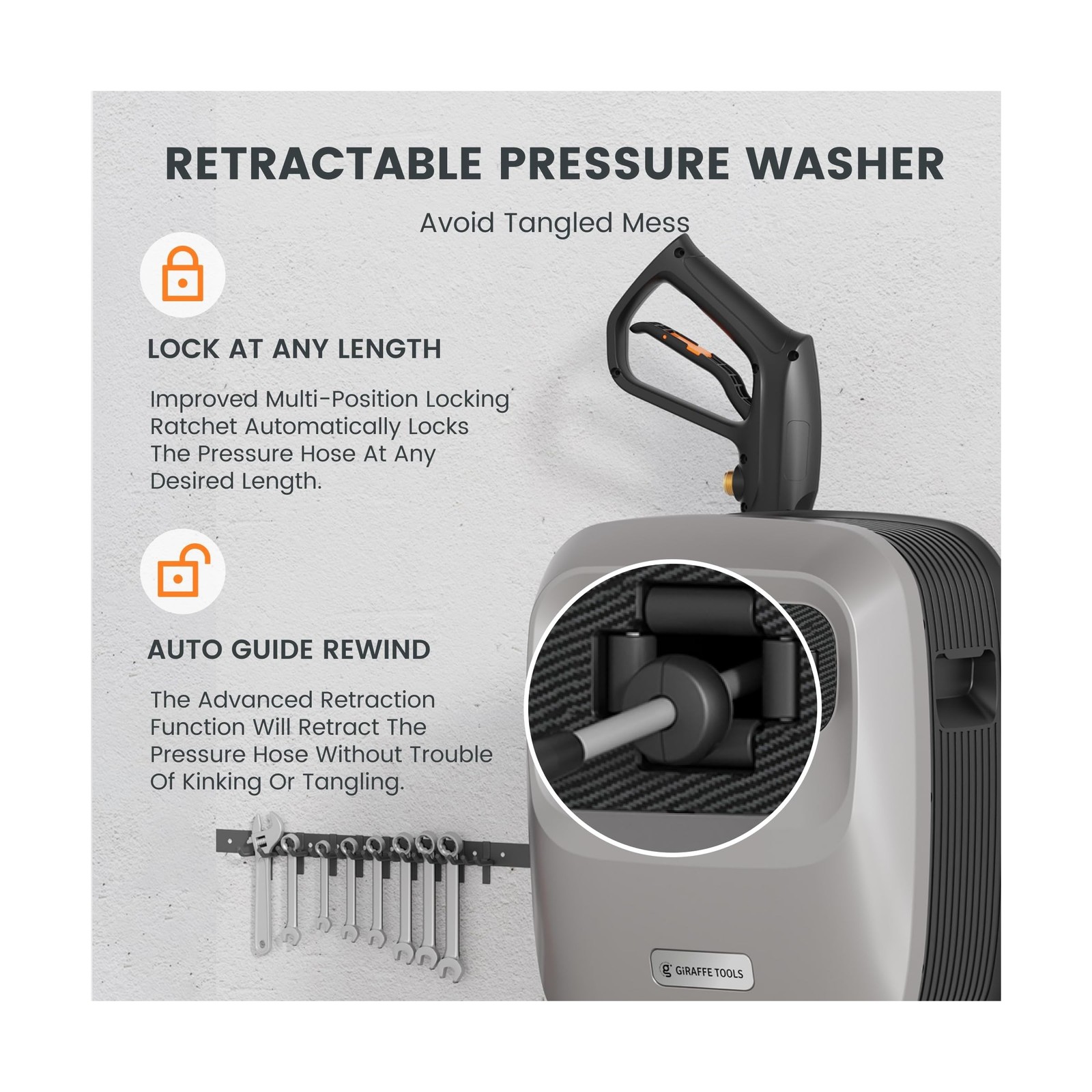 Giraffe Tools Grandfalls Retractable Pressure Washer G20, 2500 PSI 2.2 GPM, W…
