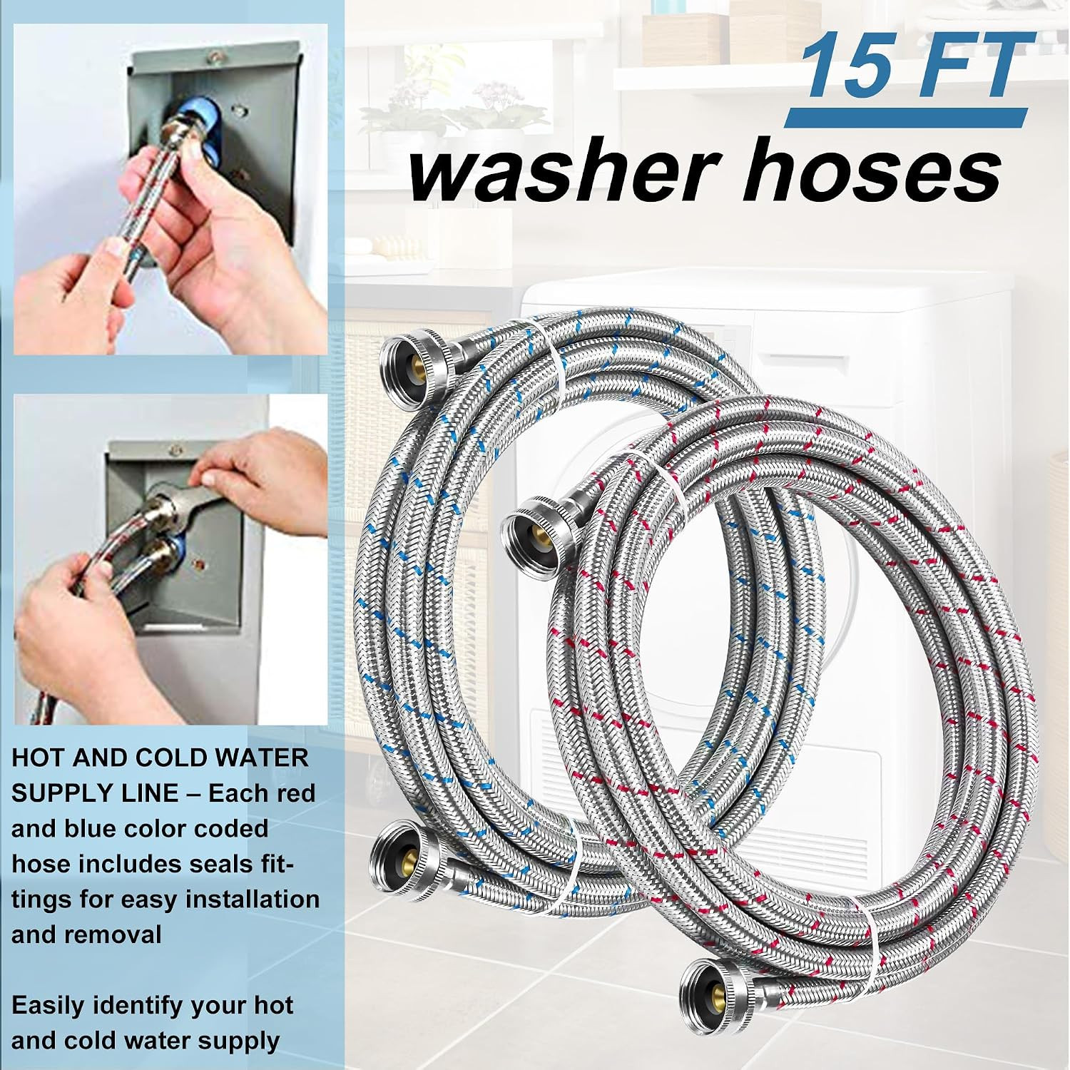15FT Extra Long Washing Machine Hoses 3/4” Standard NPT Connections Burst-Proof