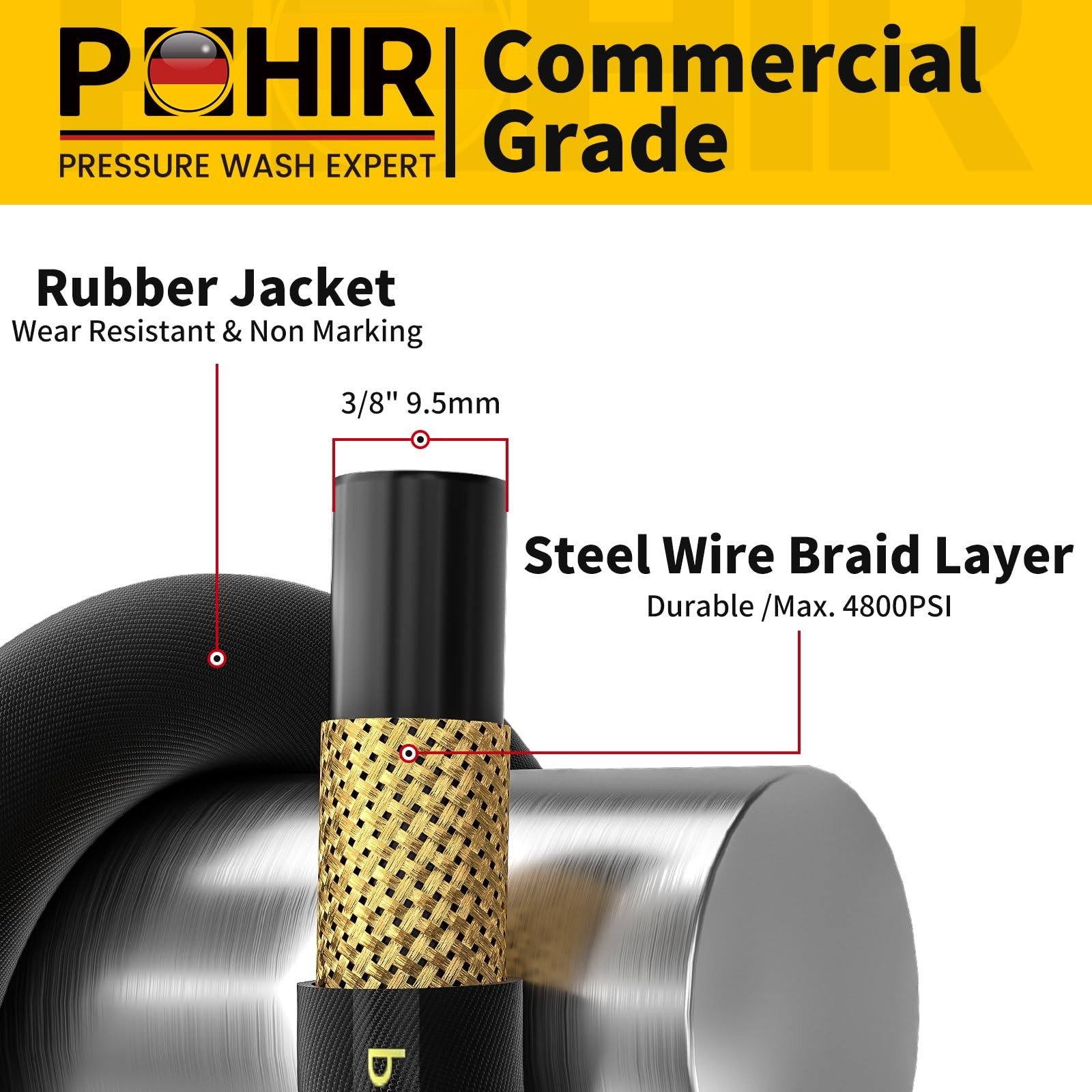 POHIR 8FT Pressure Washer Whip Hose 4800psi 3/8” Steel Wire Braided with 3/8…
