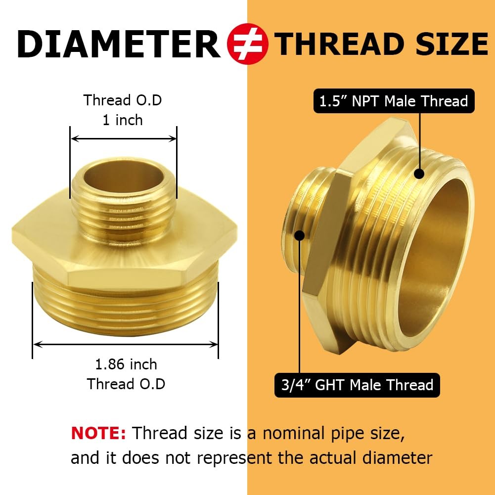 Hooshing Garden Hose Adapter 3/4″ GHT to 1-1/2″ NPT 1.5″ x 3/4″GHT, Gold