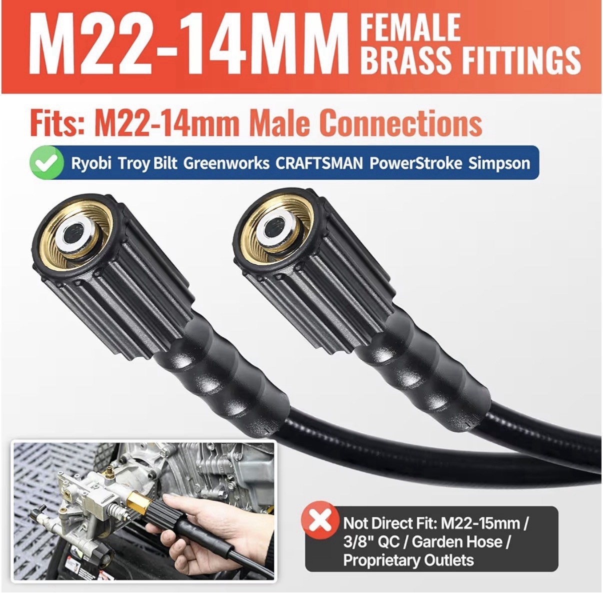 YAMATIC 50 ft 1/4 in Pressure Washer Hose M22-14mm Female Brass Fittings