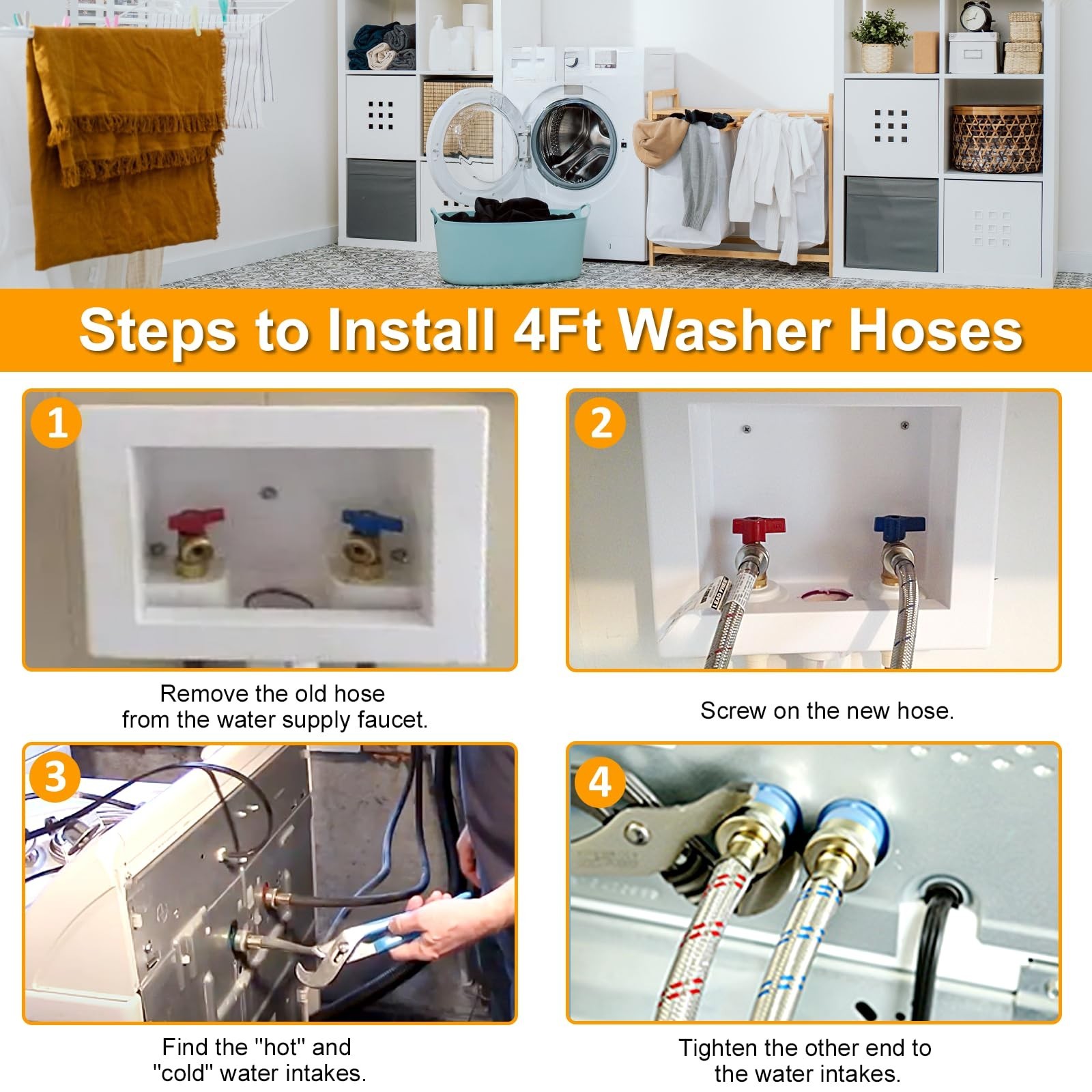4FT Stainless Steel Washer Hoses Burst Proof Hot and Cold Water Supply Hoses …