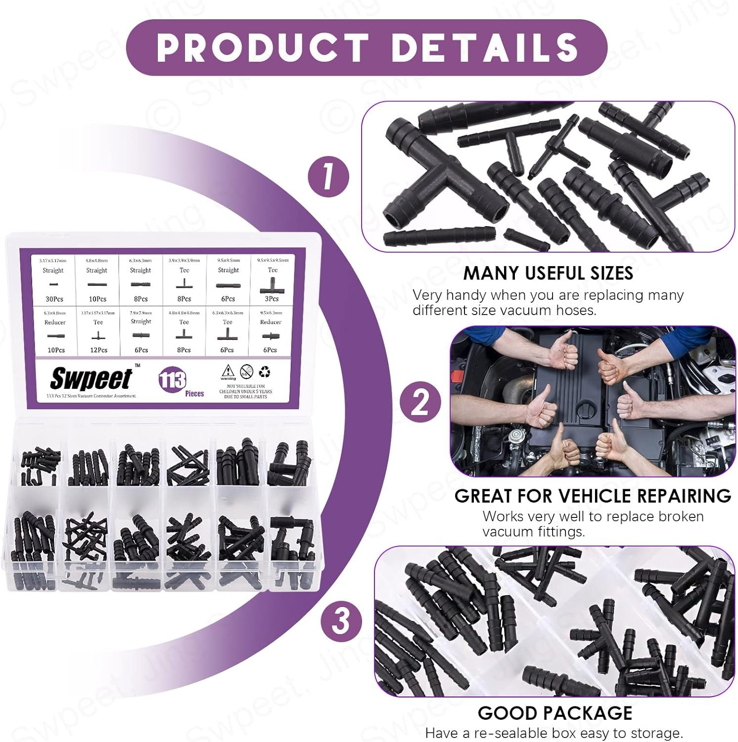 Swpeet 113Pcs Barbed Vacuum Connector Kit, Including Tee, Reducer, and Black