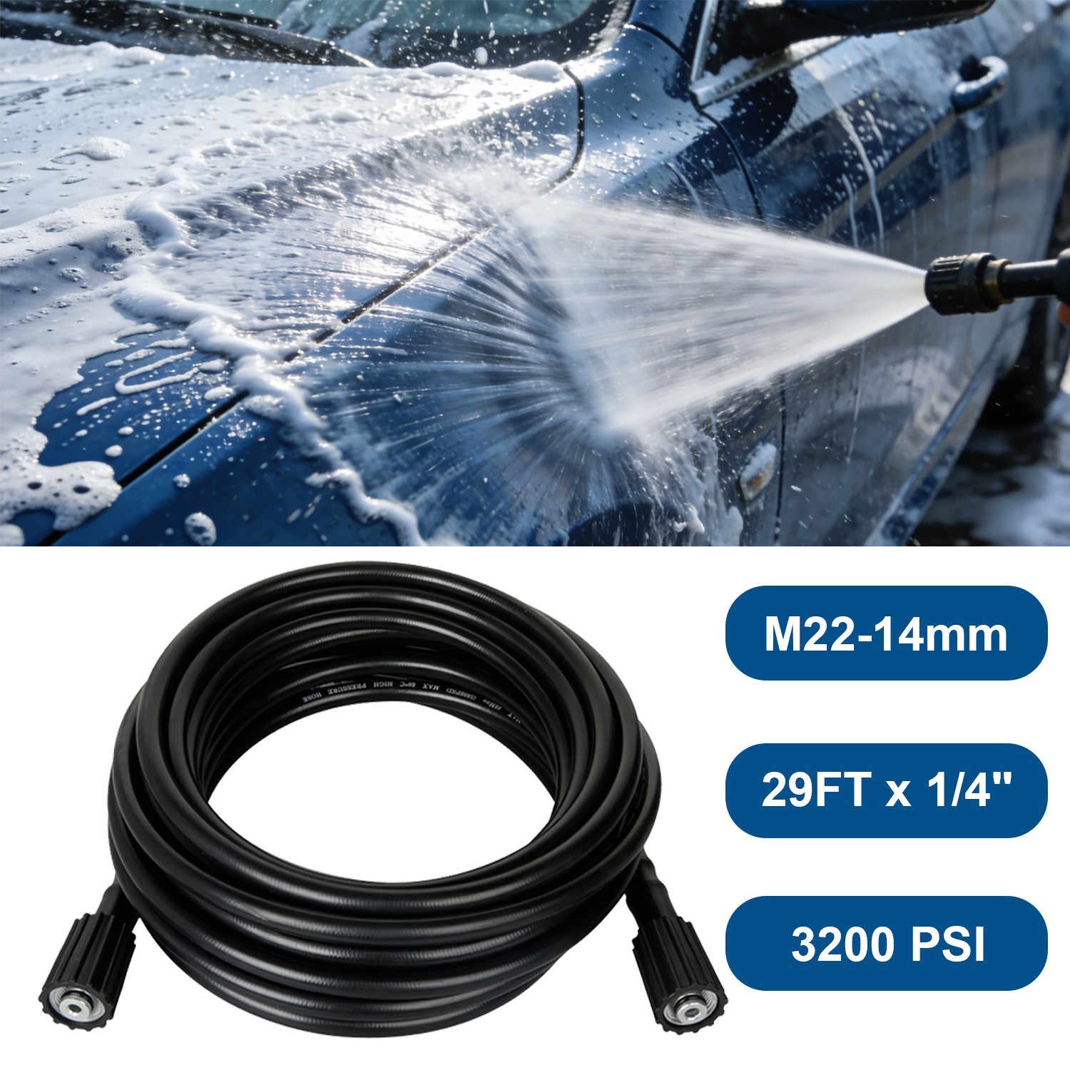 29FT Pressure Washer Hose 1/4” M22-14mm 3200PSI Kink Resistant Replacement Hose