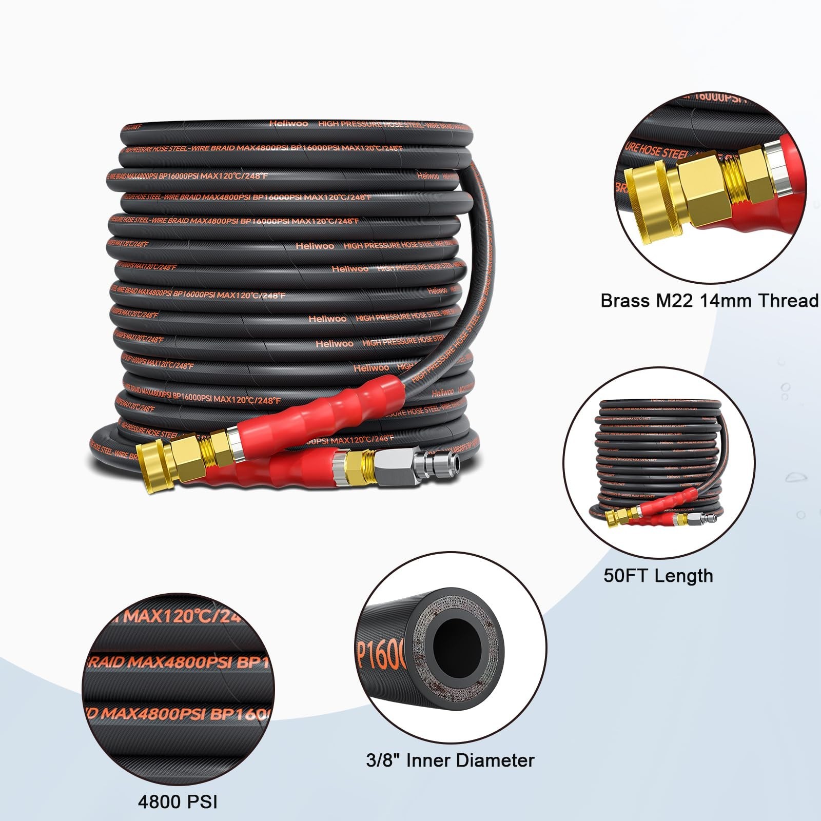 Pressure Washer Hose 50FT, 4800PSI Wire Braid Power Washer Extension Hose 3/8…