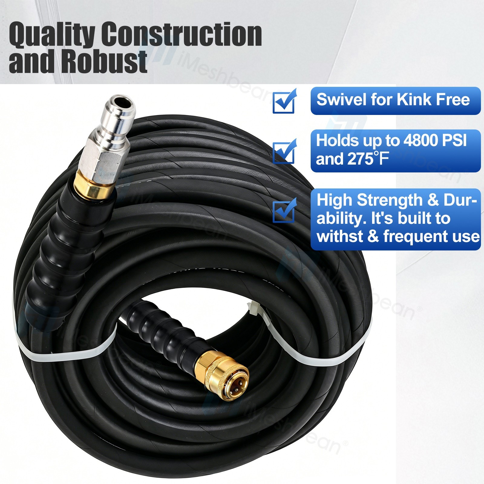 50′ Pressure Washer Hose Non-Marking – 4000 PSI 50 ft. Length Gray With Couplers