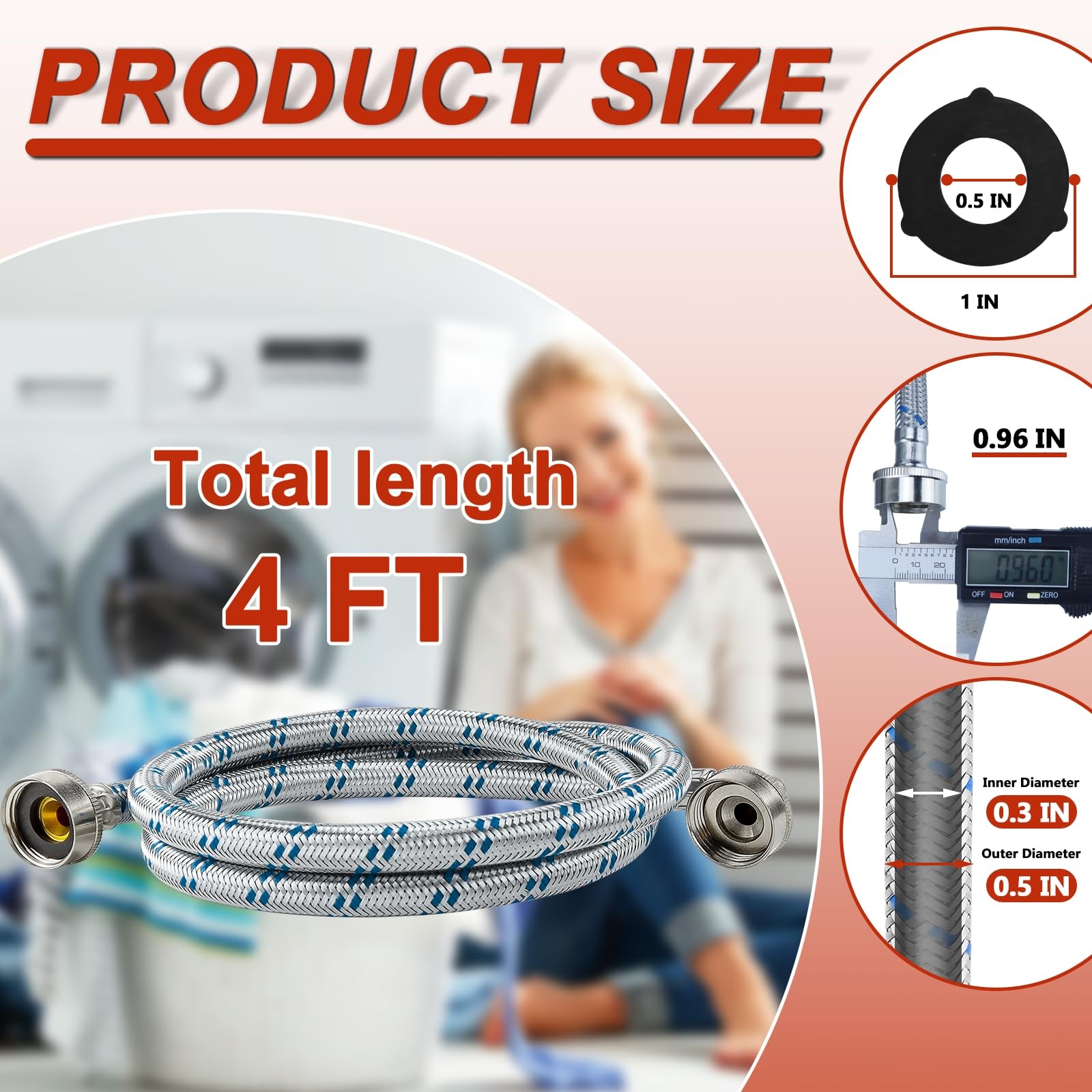 【UPGRADE】4FT Washing Machine Hoses with 90 4FT-Stainless Steel, Blue,Red