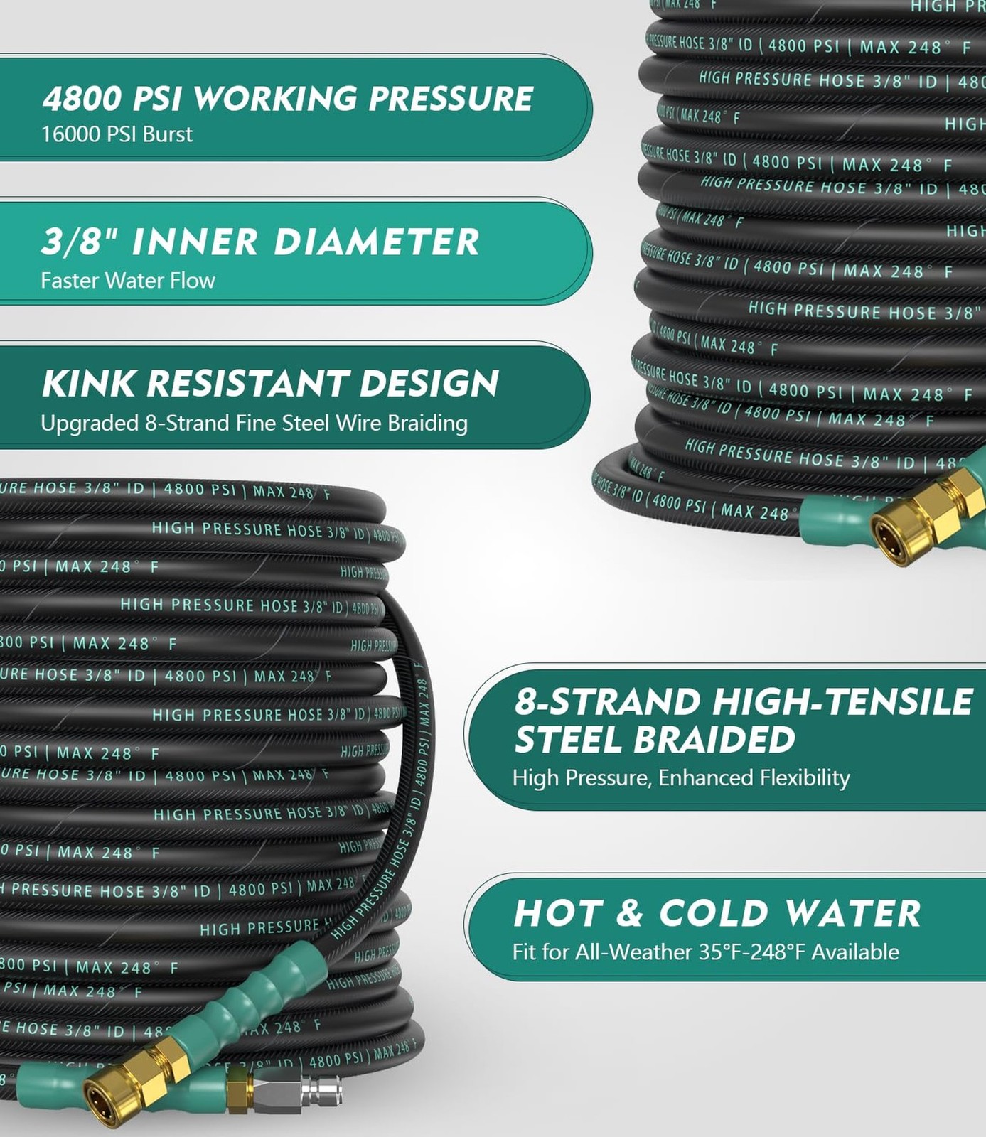 3/8″ 4800PSI Pressure Washer Hose 50FT with 360° Swivel Quick Connect, Flex