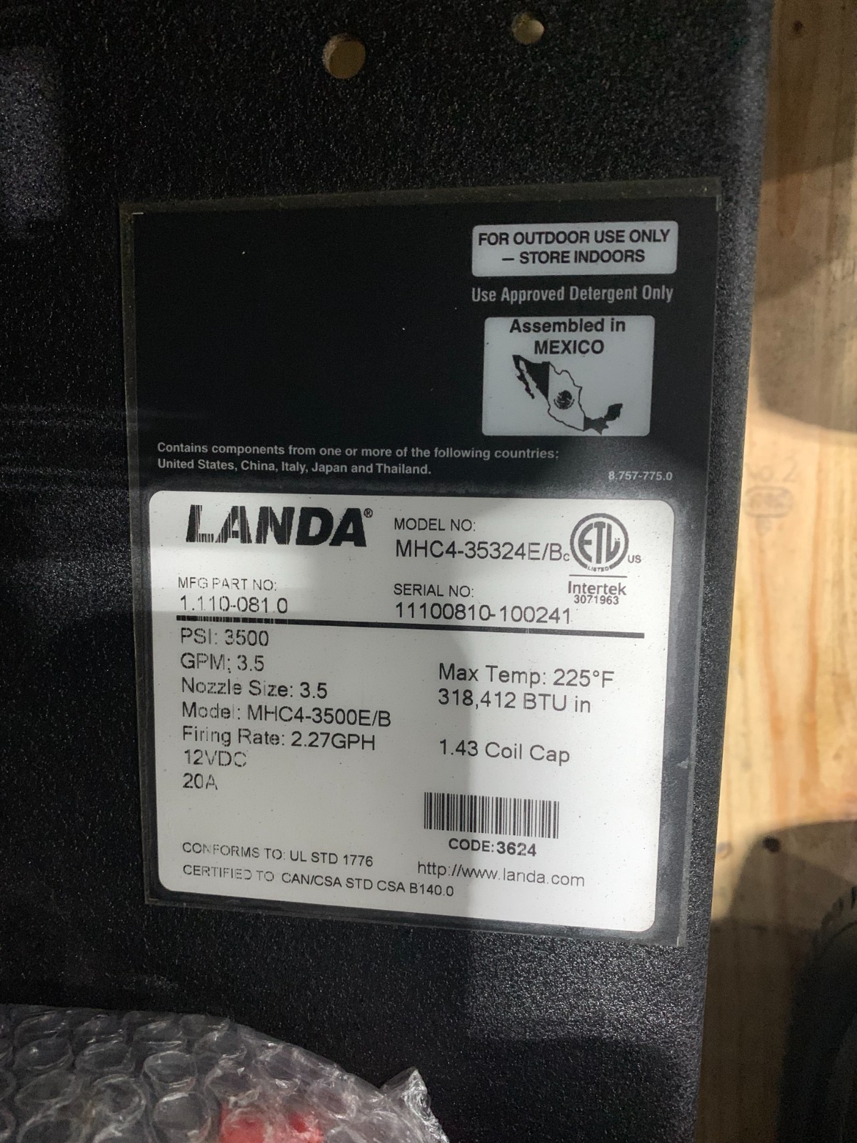 Landa 3500 PSI 3.5 GPM MHC4-35324E Pressure Washer -# 1.110-081.0 (B)