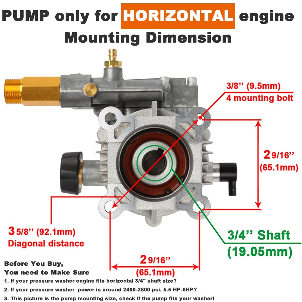 Pressure Washer Pump – Horizontal 3/4″ Shaft – MAX 3000 PSI, 2.5 GPM, Oil Sealed