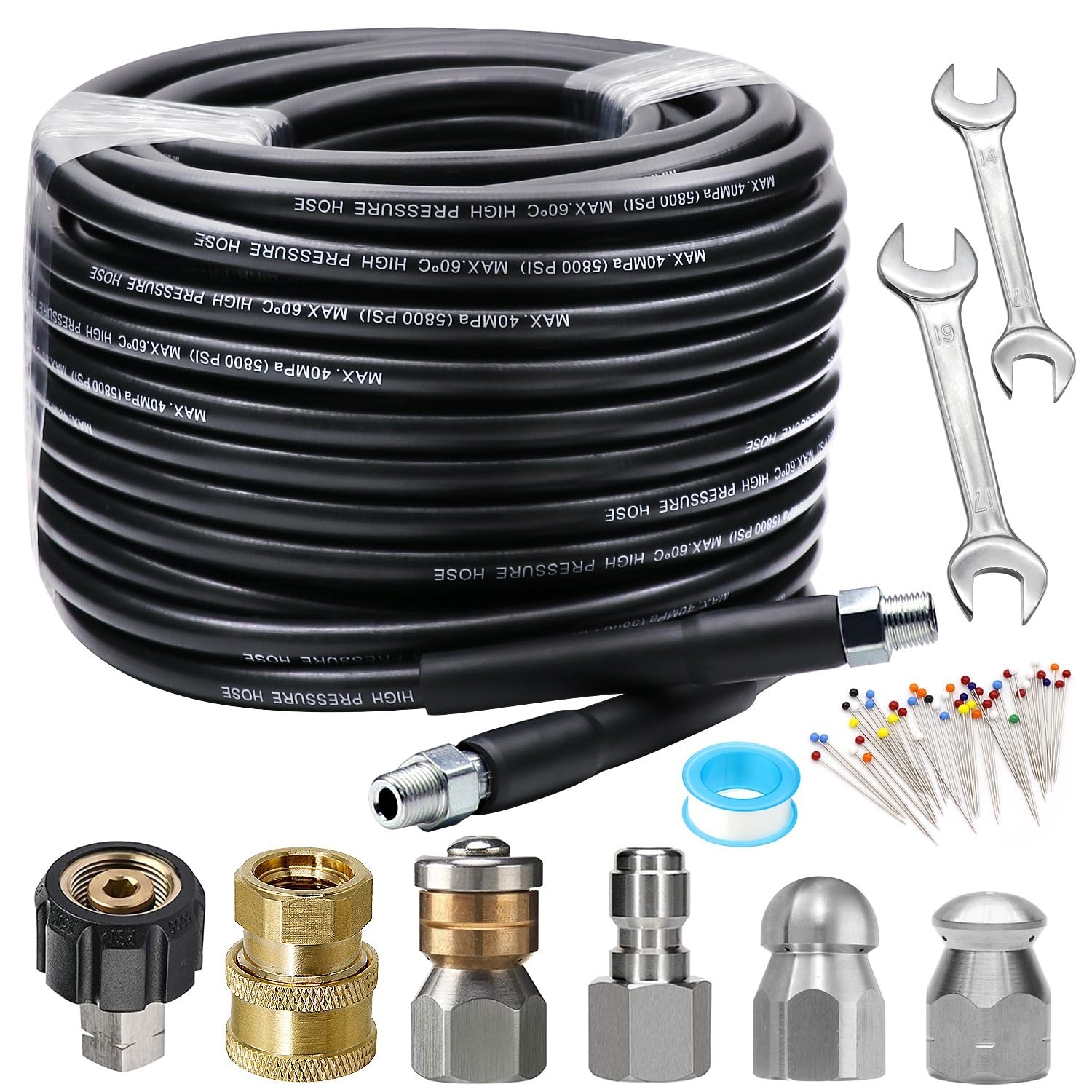 Sewer Jetter Kit 100FT for Pressure Washer, 5800PSI Drain Cleaner Hose 1/4 In…