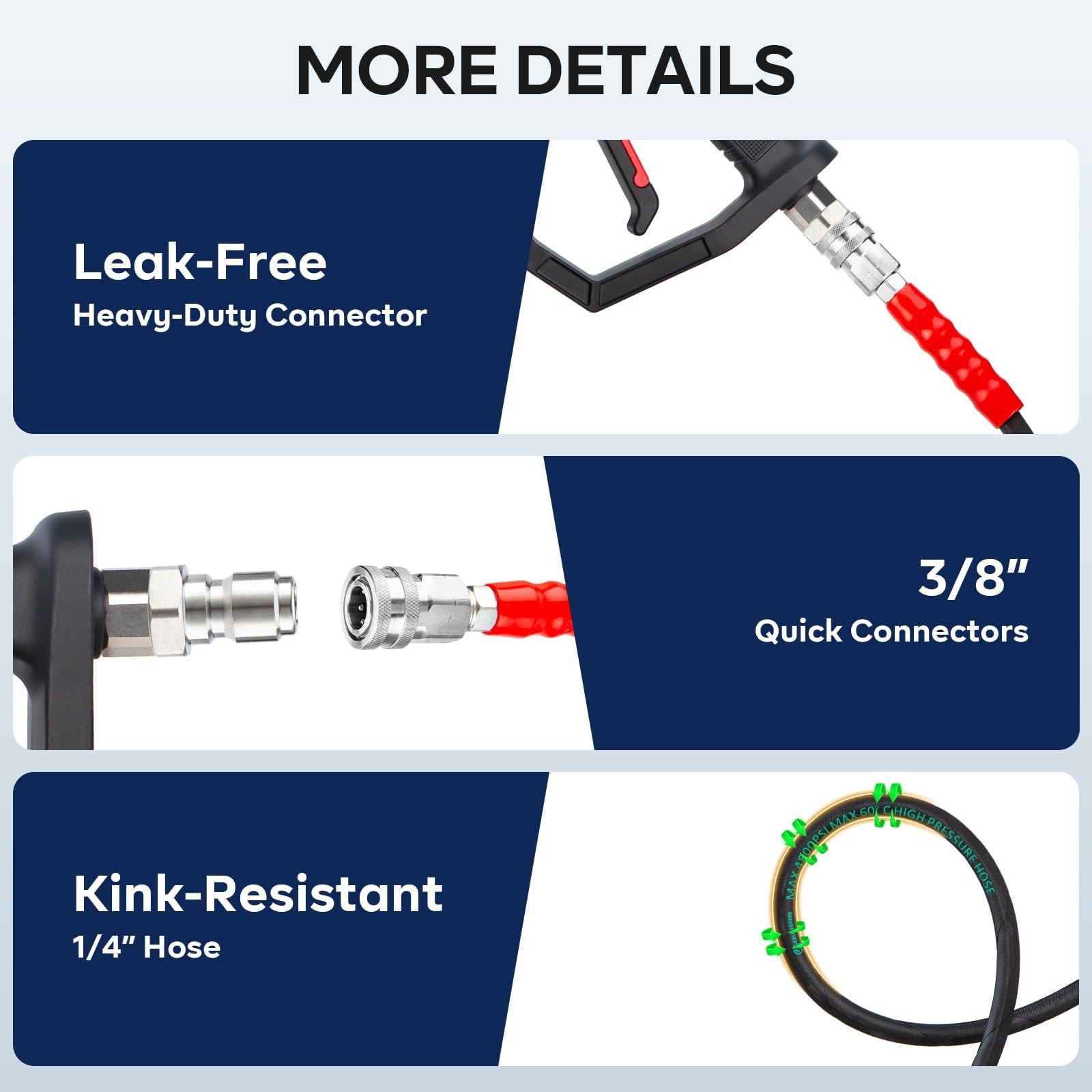 3/8″ Pressure Washer Hose 50FT 4800PSI with 3/8 Inch Quick Connect, Kink Resi…