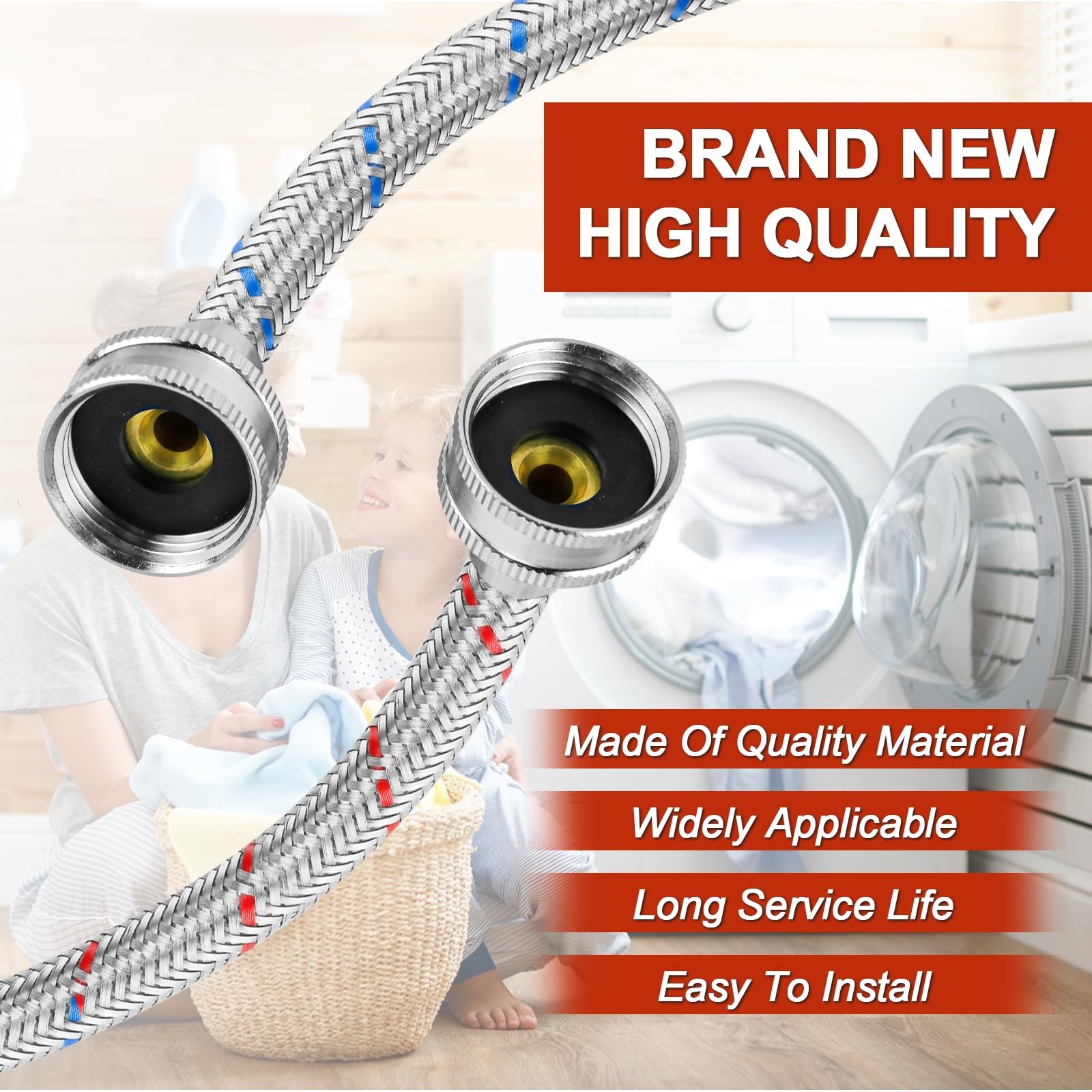 【UPGRADE】4FT Washing Machine Hoses with 90 4FT-Stainless Steel, Blue,Red