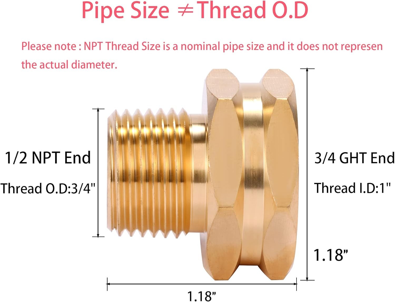 2 Pack Brass Garden Hose Adapter, 3/4″ GHT Female x 1/2″ NPT Male,