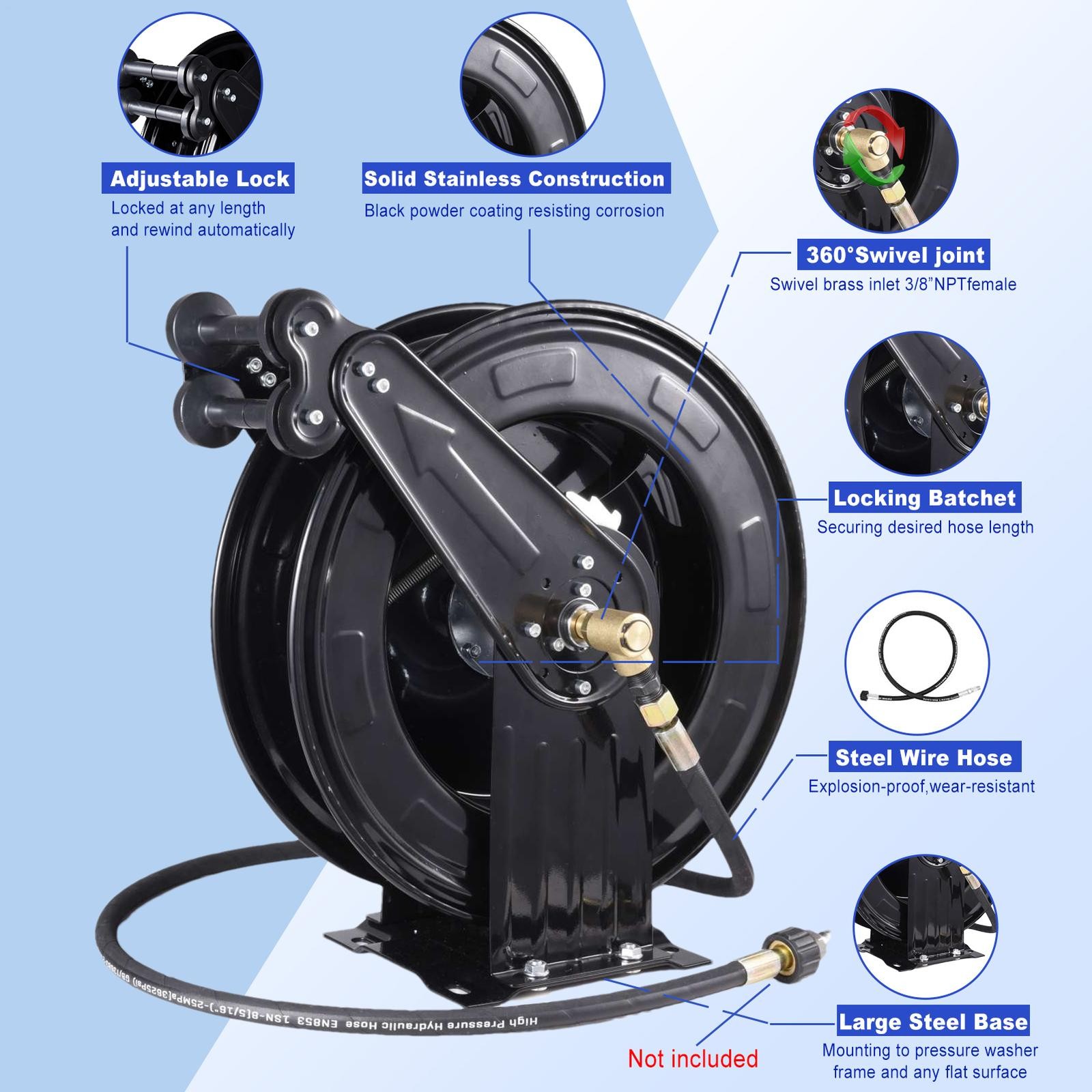 Heavy Duty Power Washer Jet Wash High Pressure Hose Reel (15 metre x 3/8″ Hose)