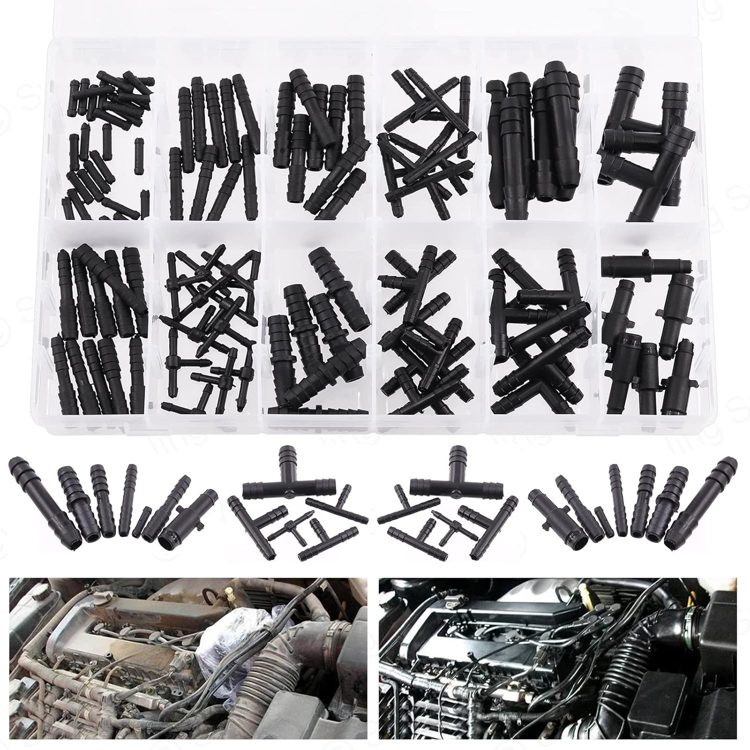 Swpeet 113Pcs Barbed Vacuum Connector Kit, Including Tee, Reducer, and Black