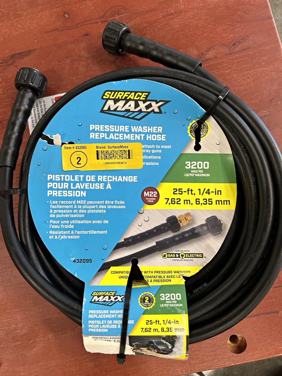 SurfaceMaxx 432095 Pressure Washer Replacement Hose M22 25 ft 1/4 in 3200 PSI