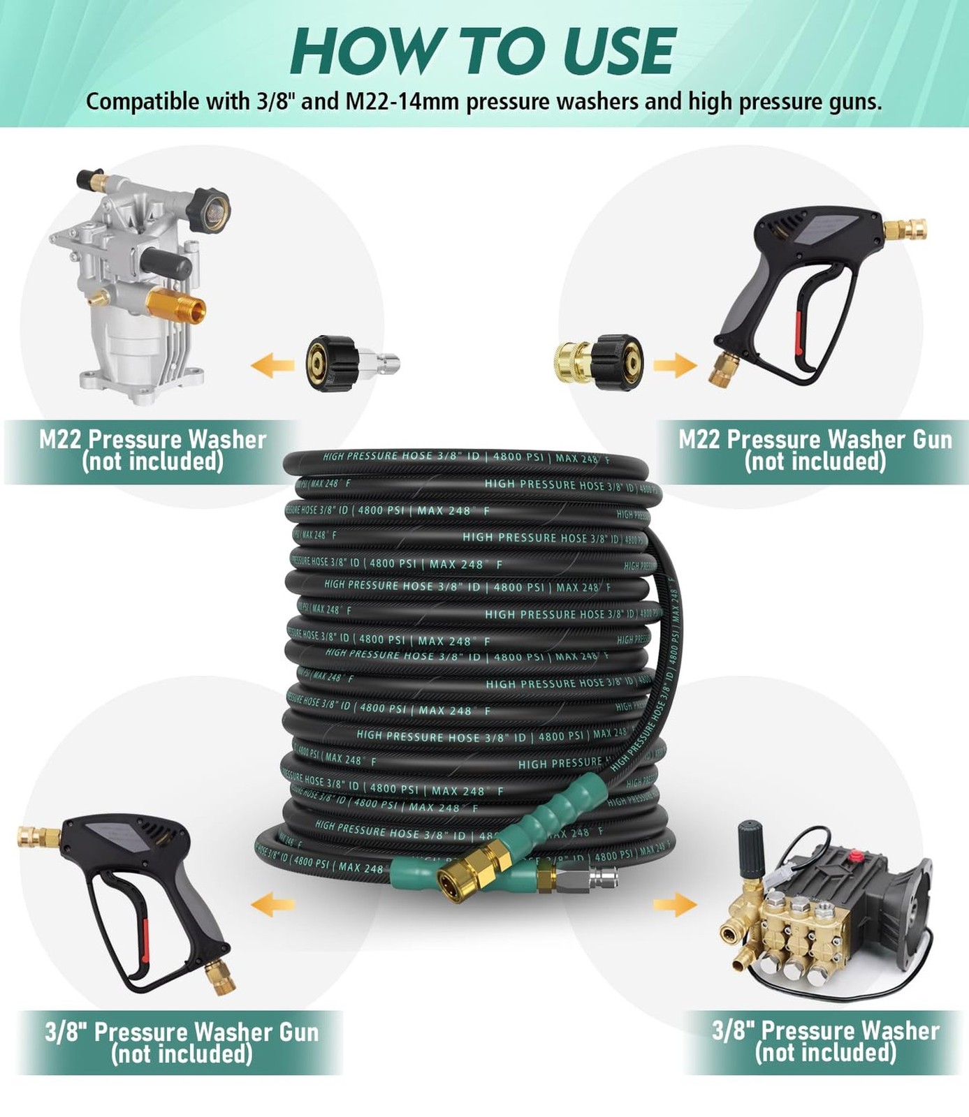 3/8″ 4800PSI Pressure Washer Hose 50FT with 360° Swivel Quick Connect, Flex