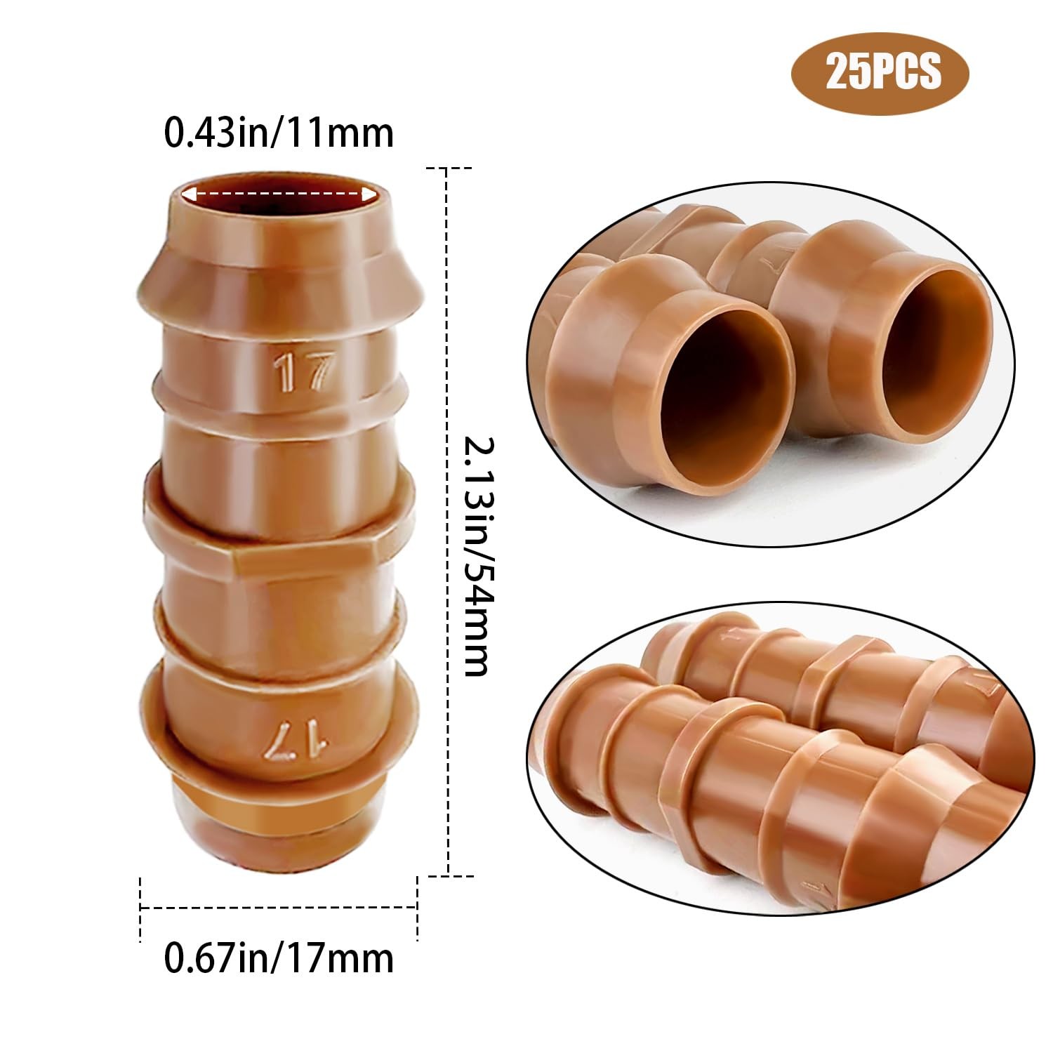 HZMM 25 Pack Drip Irrigation Barbed Coupling Fittings – 1/2 Inch (17mm, Browm