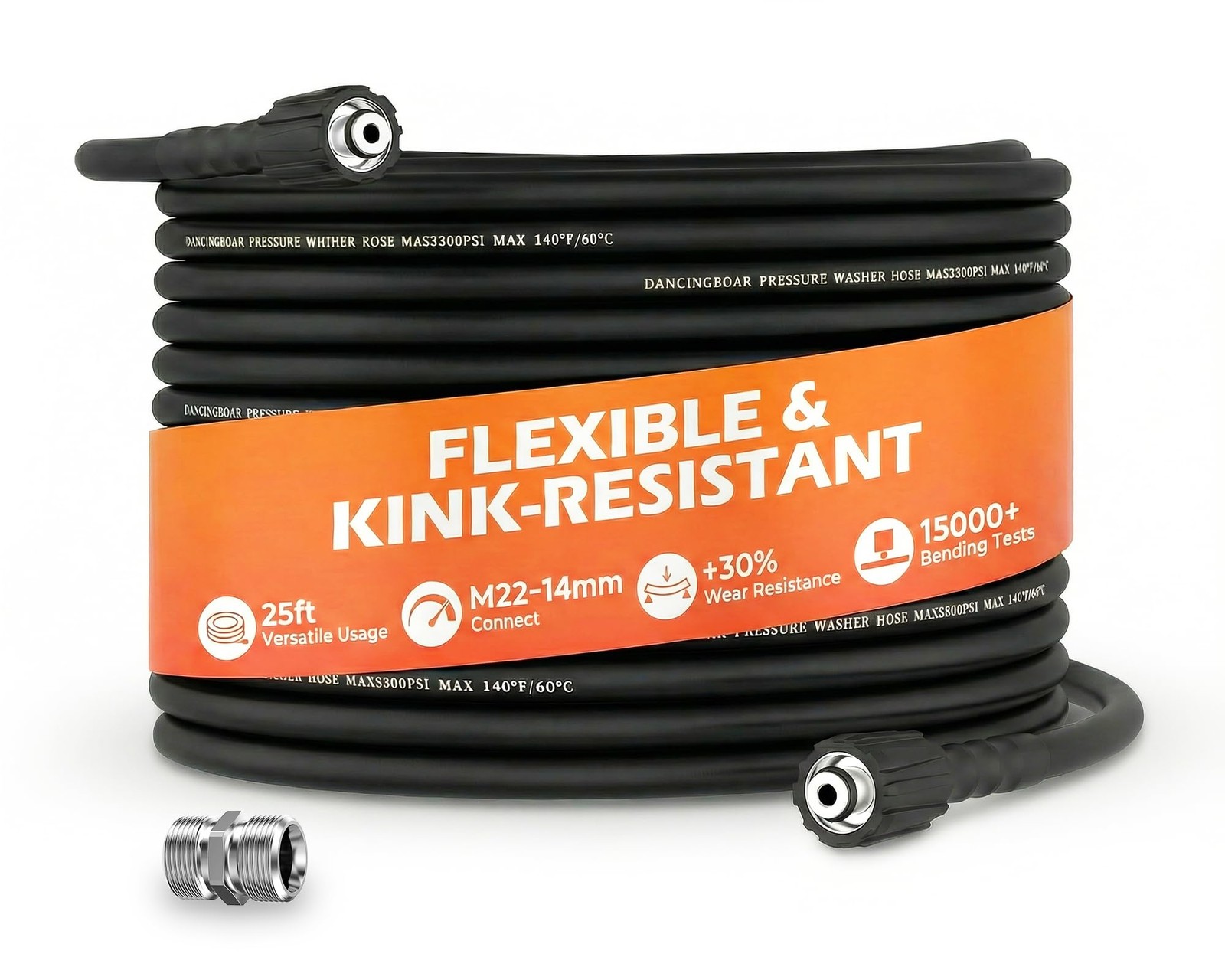 DANCINGBOAR Pressure Washer Hose 25FT 1/4″, 3300 PSI Wear & Kink 25FT, Black