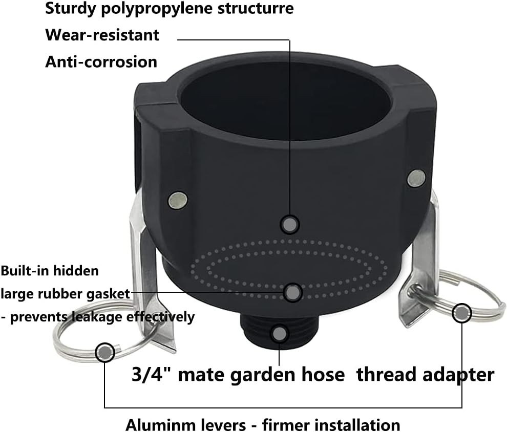 275 330 Gallon IBC Tote Tank Drain Adapter Fittings 2″ Cam Lock 2 Inch, Black
