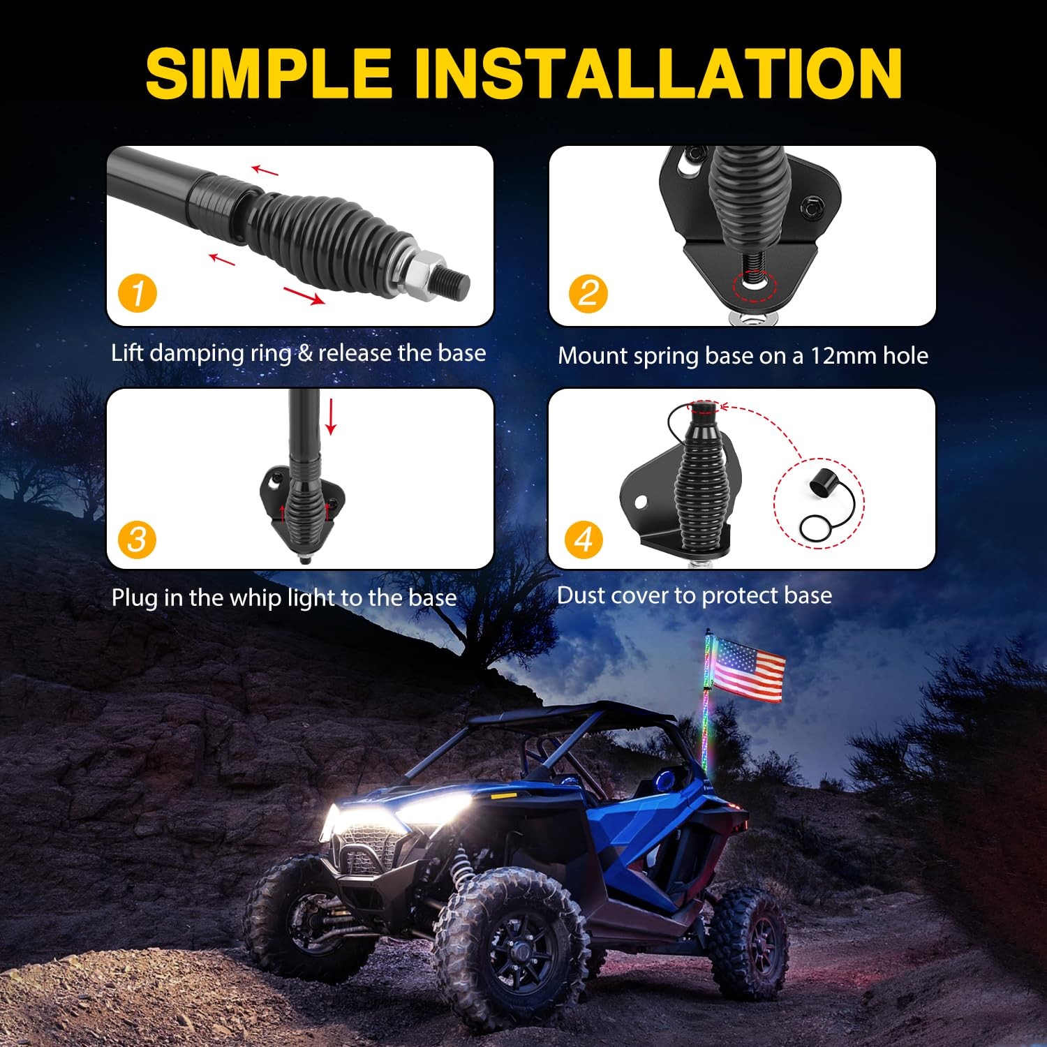 Gooacc 1Pc 4Ft Led Whip Light Spring Base Spiral Rgb Chasing Rf Remote Lighted