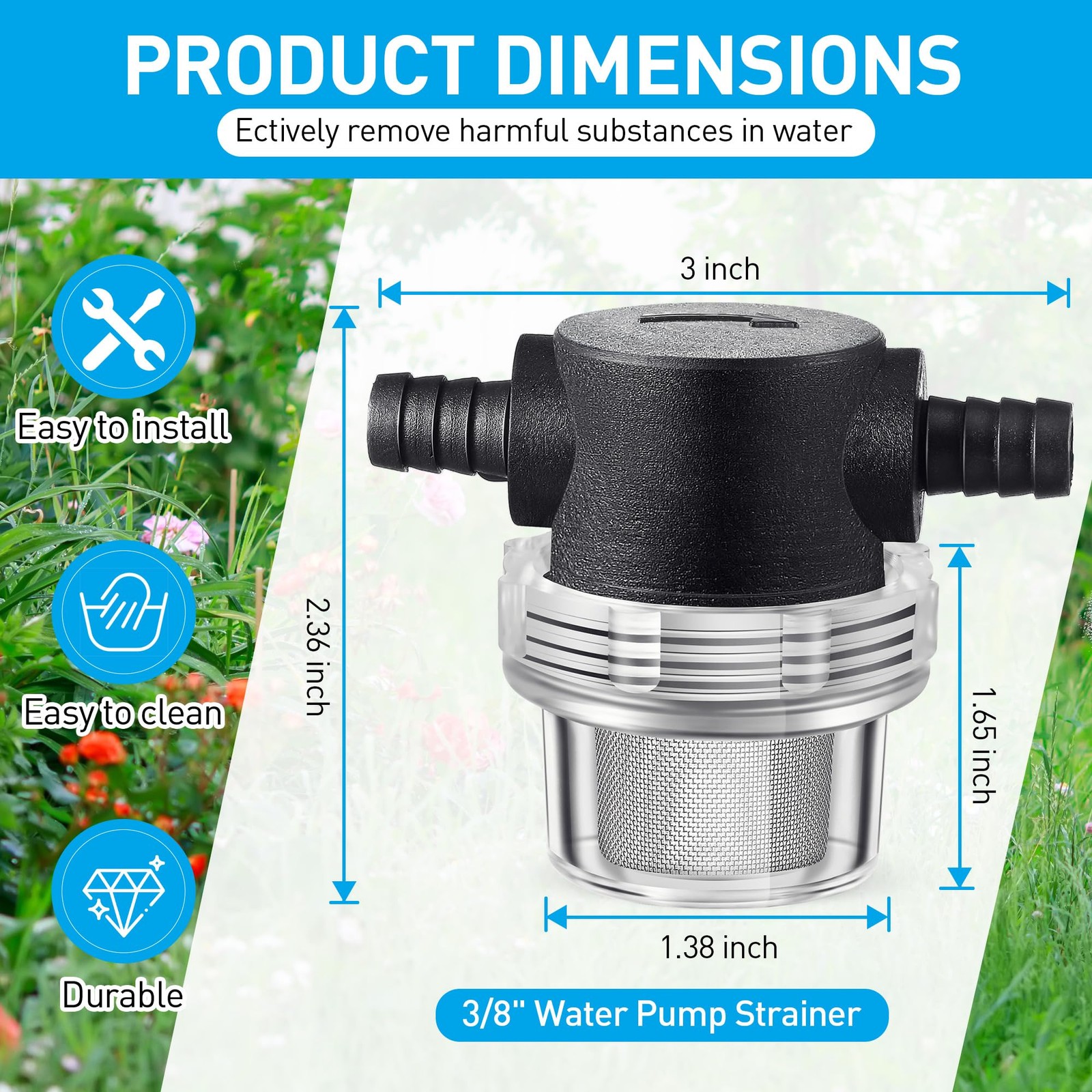 Dreyoo 1 Piece Water Pump Strainer 3/8 ID Hose Barb, Mesh Inch, Black